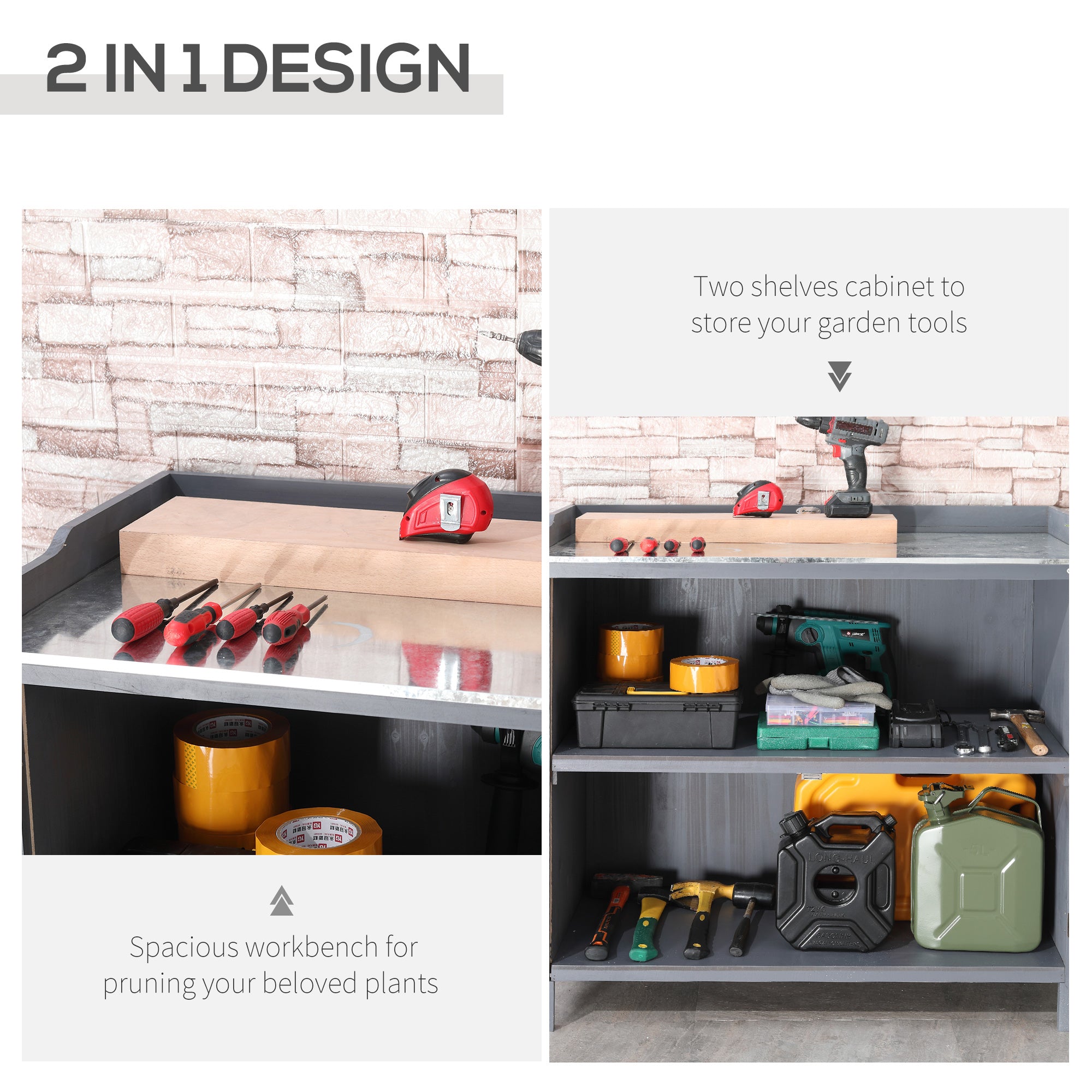 Garden Storage Cabinet, Outdoor Potting Bench Table with Galvanized Top and Shelf, Tool Shed with Double Doors, Grey Sheds at Gallery Canada
