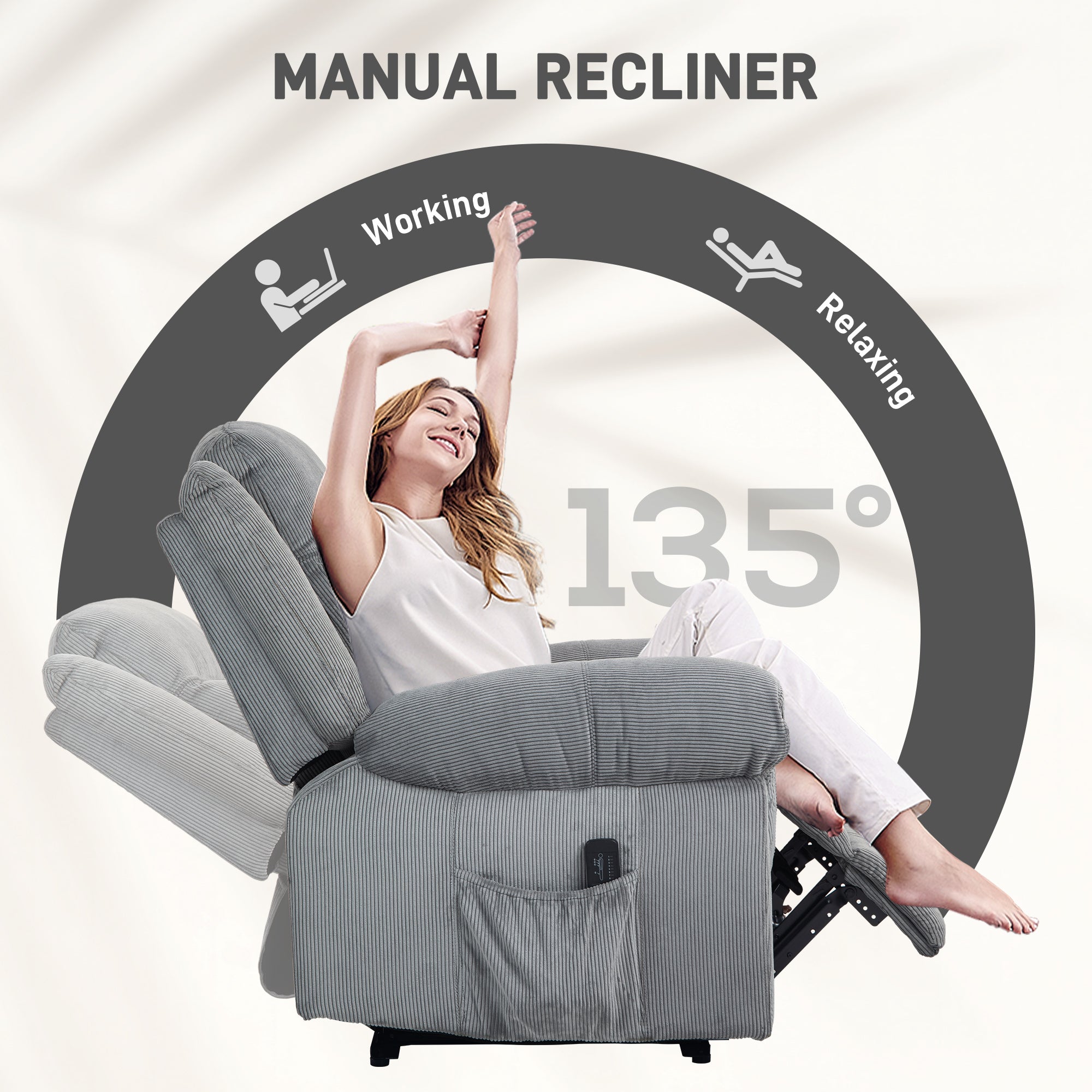 Manual Recliner Chair with Vibration Massage, Side Pockets, Corduroy Reclining Chair for Living Room, Grey Sofas & Reclining Chairs at Gallery Canada