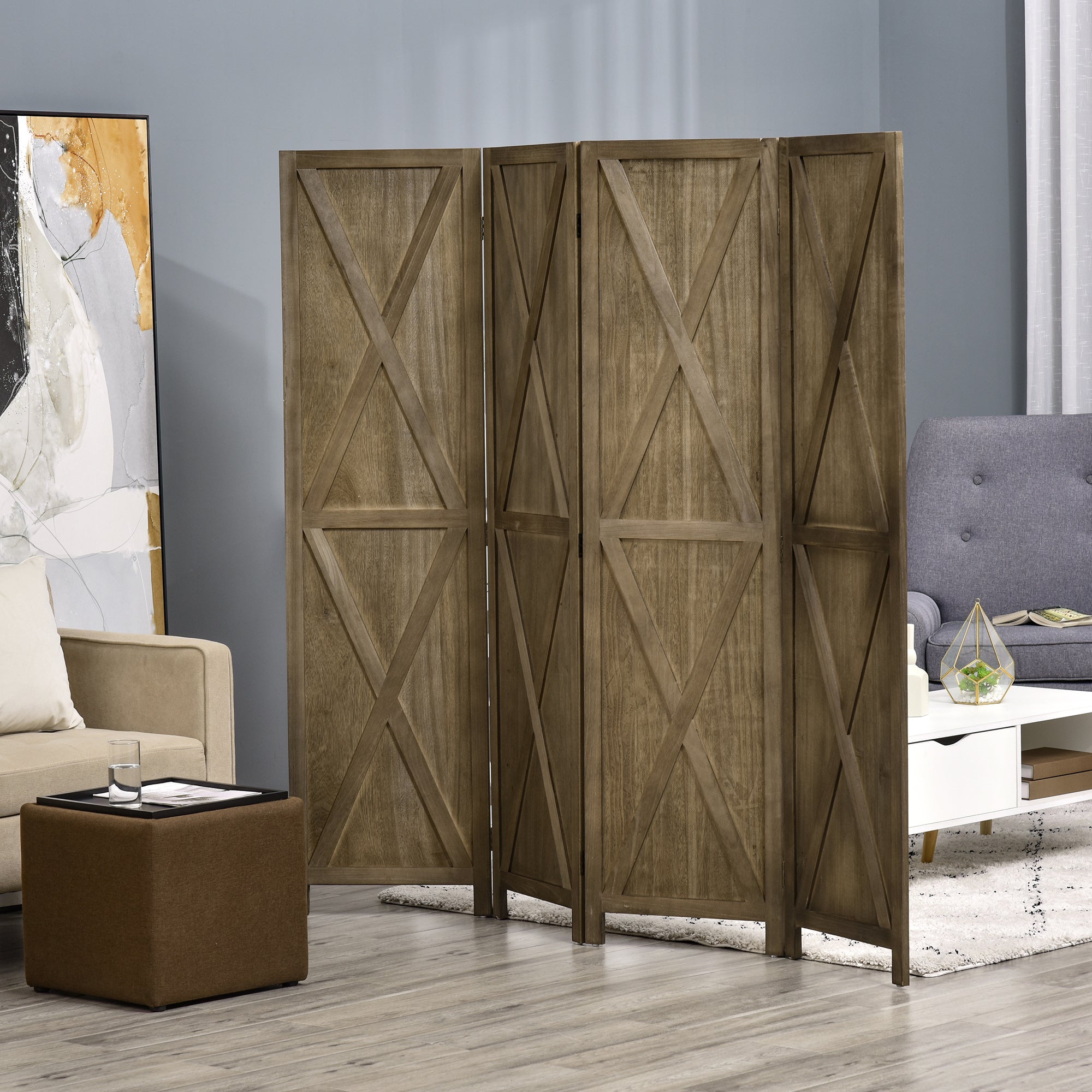 4-panel Wall Partition Farmhouse Room Separator with Foldable Design Wooden Frame 5.6FT, Brown Room Dividers   at Gallery Canada