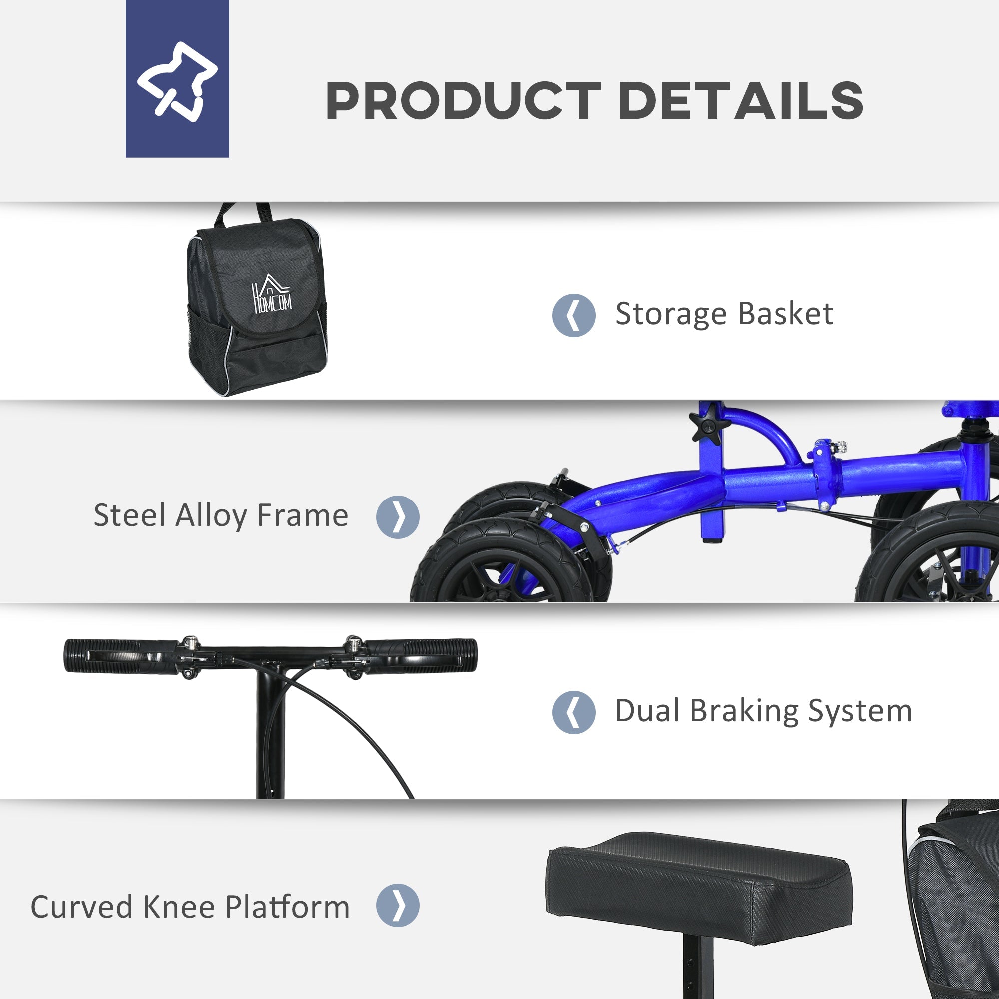 Adjustable Steerable Knee Walker, Foldable Knee Scooter with Rubber Wheels, Dual Brake, Crutch Alternative, Blue Knee Walker & Wheelchair Ramps   at Gallery Canada