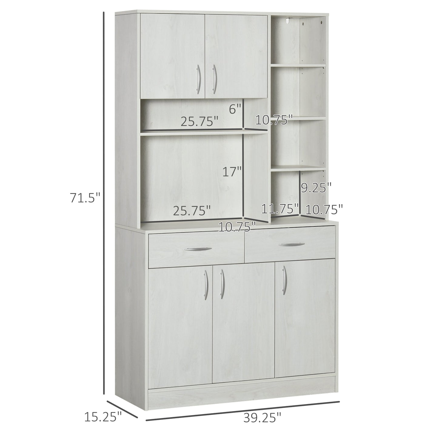 71" Kitchen Hutch with Storage Cabinet, Modern Buffet with Hutch, Cupboard with Drawers for Living Dining Room, Ash White Kitchen Pantry Cabinets   at Gallery Canada