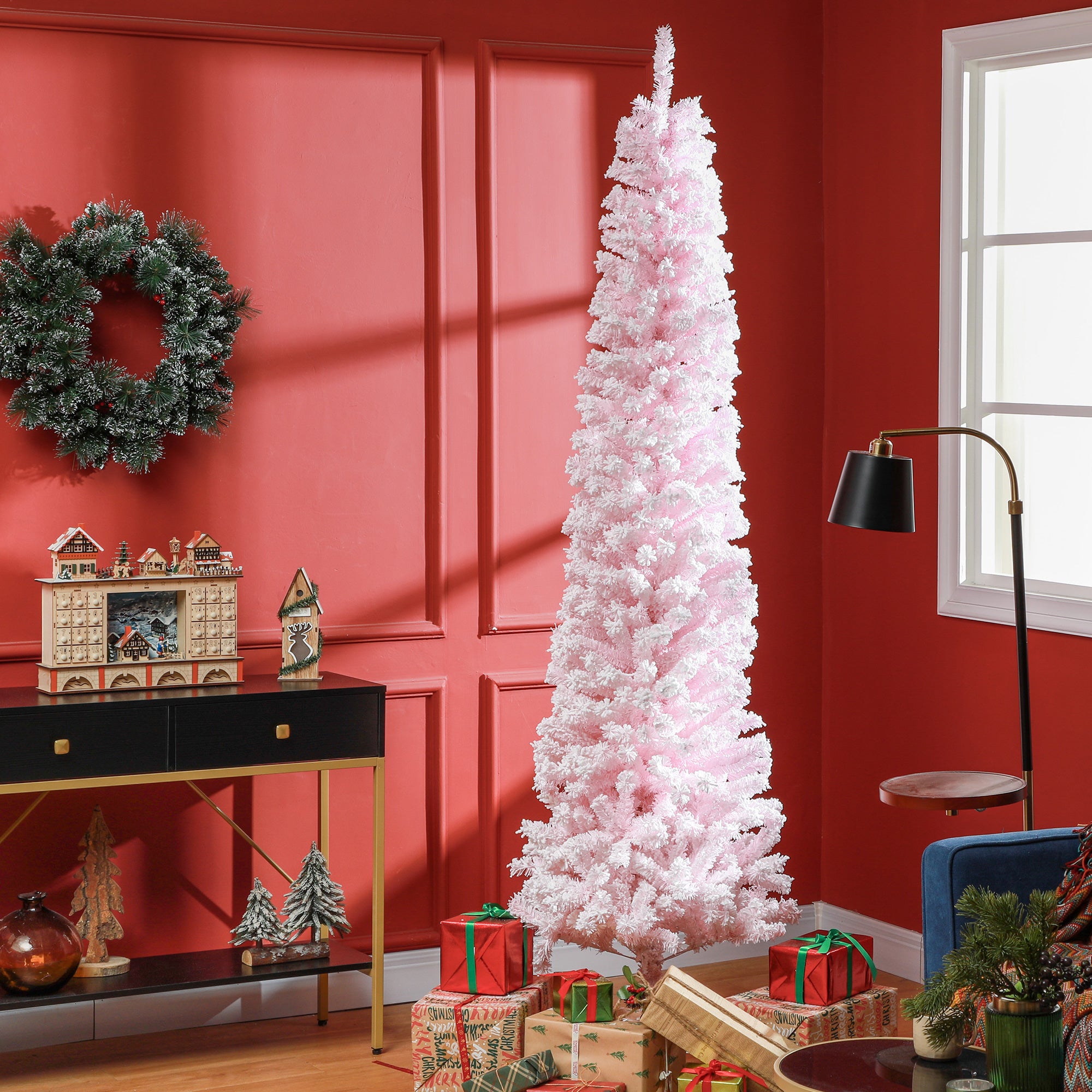 7.5ft Flocked Christmas Tree, Pencil Christmas Tree with Realistic Branch Tips, Folding Metal Stand, Pink Pencil Christmas Trees   at Gallery Canada