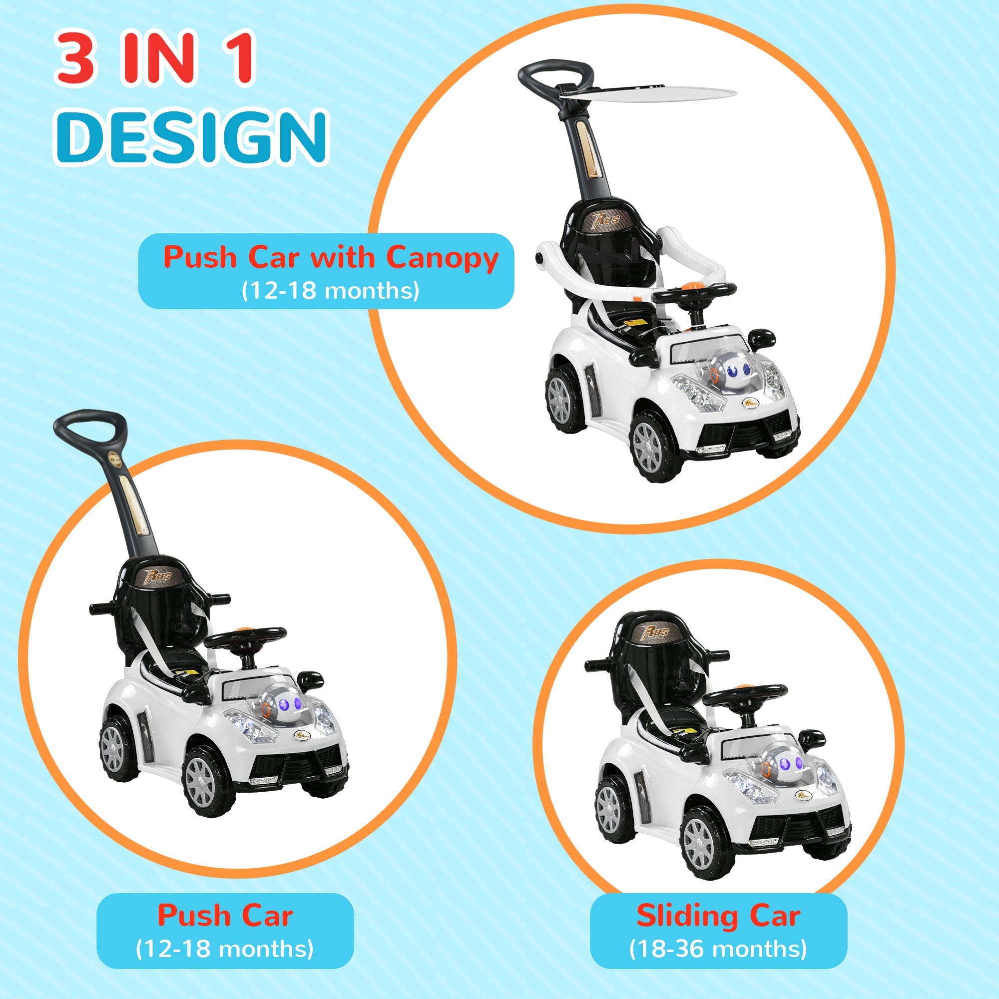 3 in 1 Kids Push Car Toddler Sliding Car, Foot to Floor Design with Music, Light, Handle, Removable Canopy, White Push Cars for Toddlers at Gallery Canada