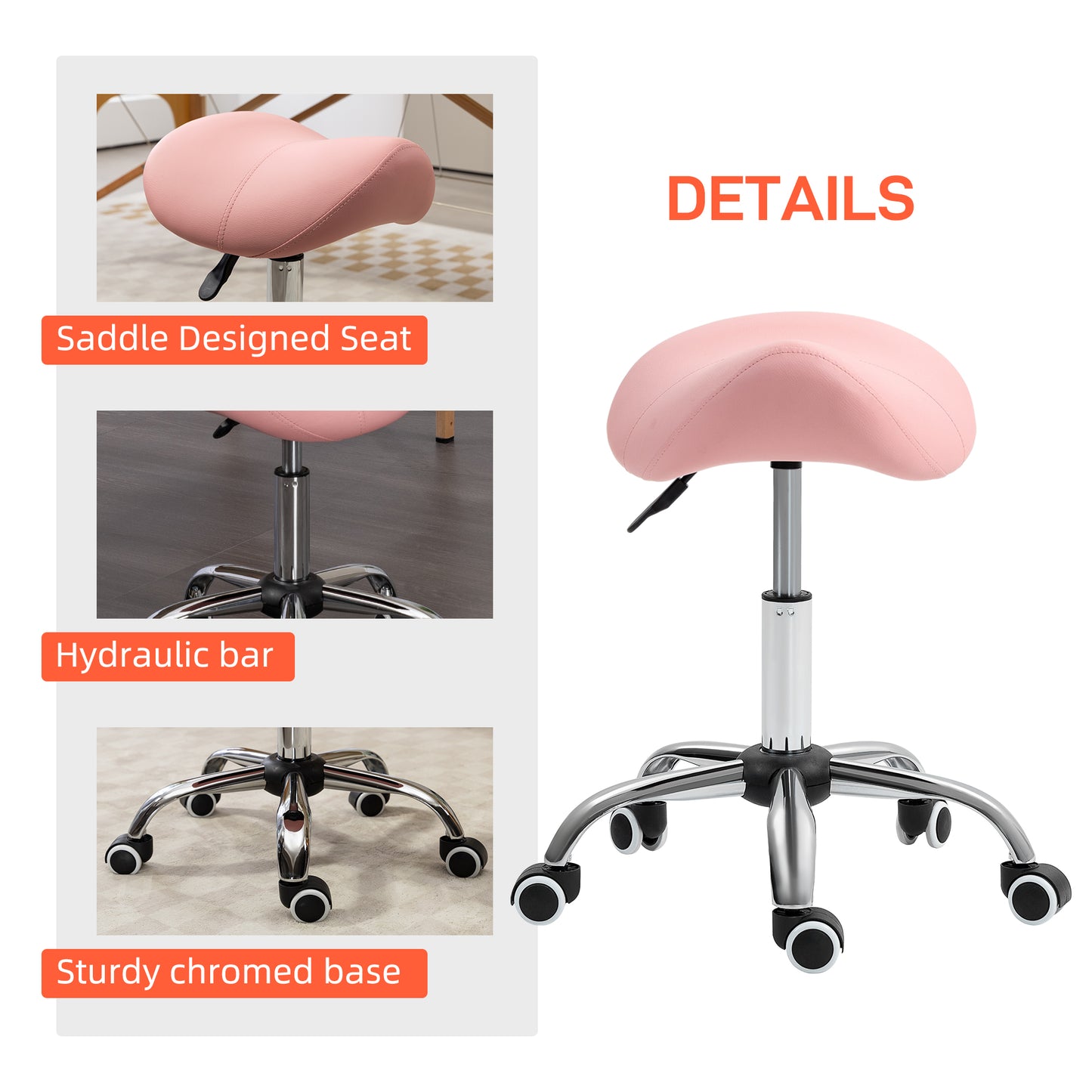 Cosmetic Stool 360° Rotate Height Adjustable Salon Massage Spa Chair Hydraulic Rolling Faux Leather Saddle Stool, Pink Salon Stools   at Gallery Canada