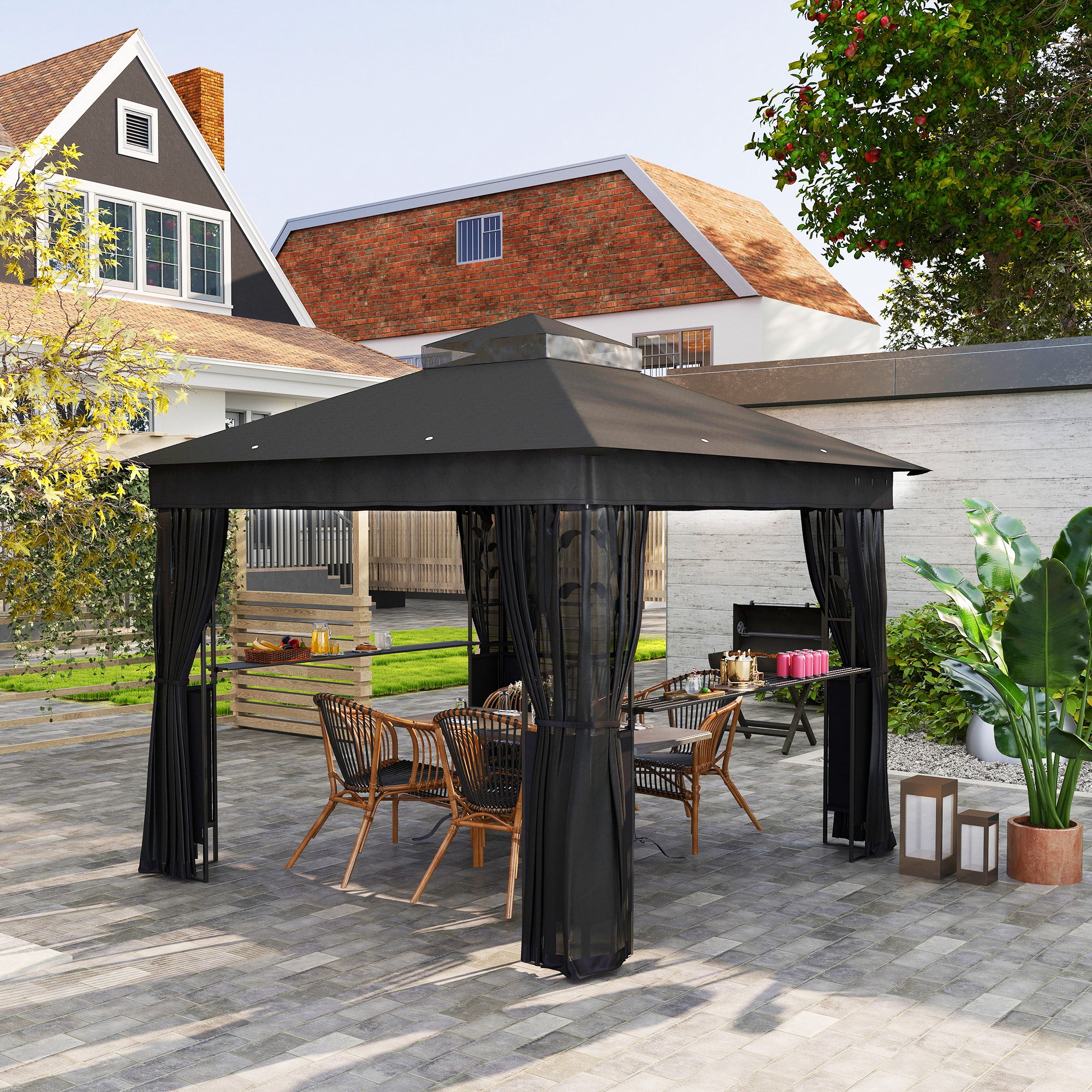 10' x 10' Outdoor Gazebo with Shelves and Netting, UV30+ Double Roof Patio Gazebo for Lawn, Backyard and Deck Gazebos at Gallery Canada