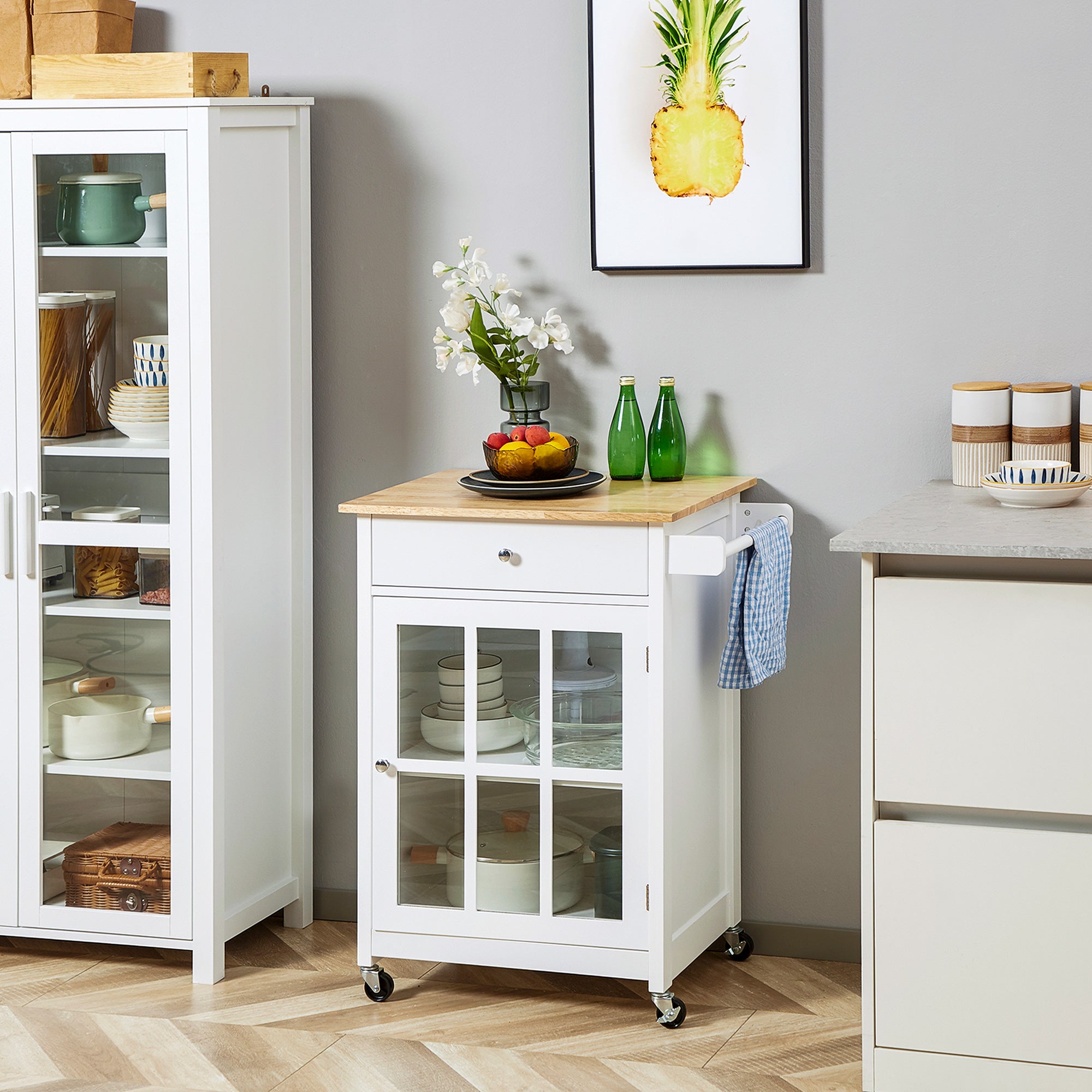 Rolling Kitchen Cart with Drawer and Glass Door Cabinet, Kitchen Island on Wheels with Towel Rack, White Kitchen Islands & Kitchen Carts at Gallery Canada