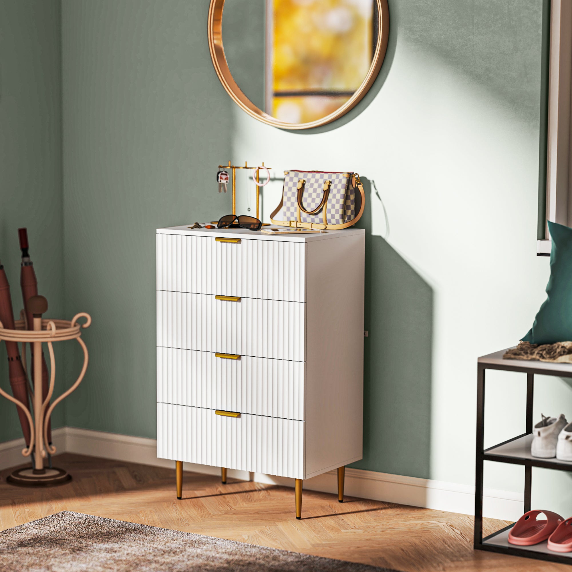 Modern Chest of Drawers 4 Drawer Dresser for Bedroom with Gold Legs and Handles, White Storage Cabinets at Gallery Canada