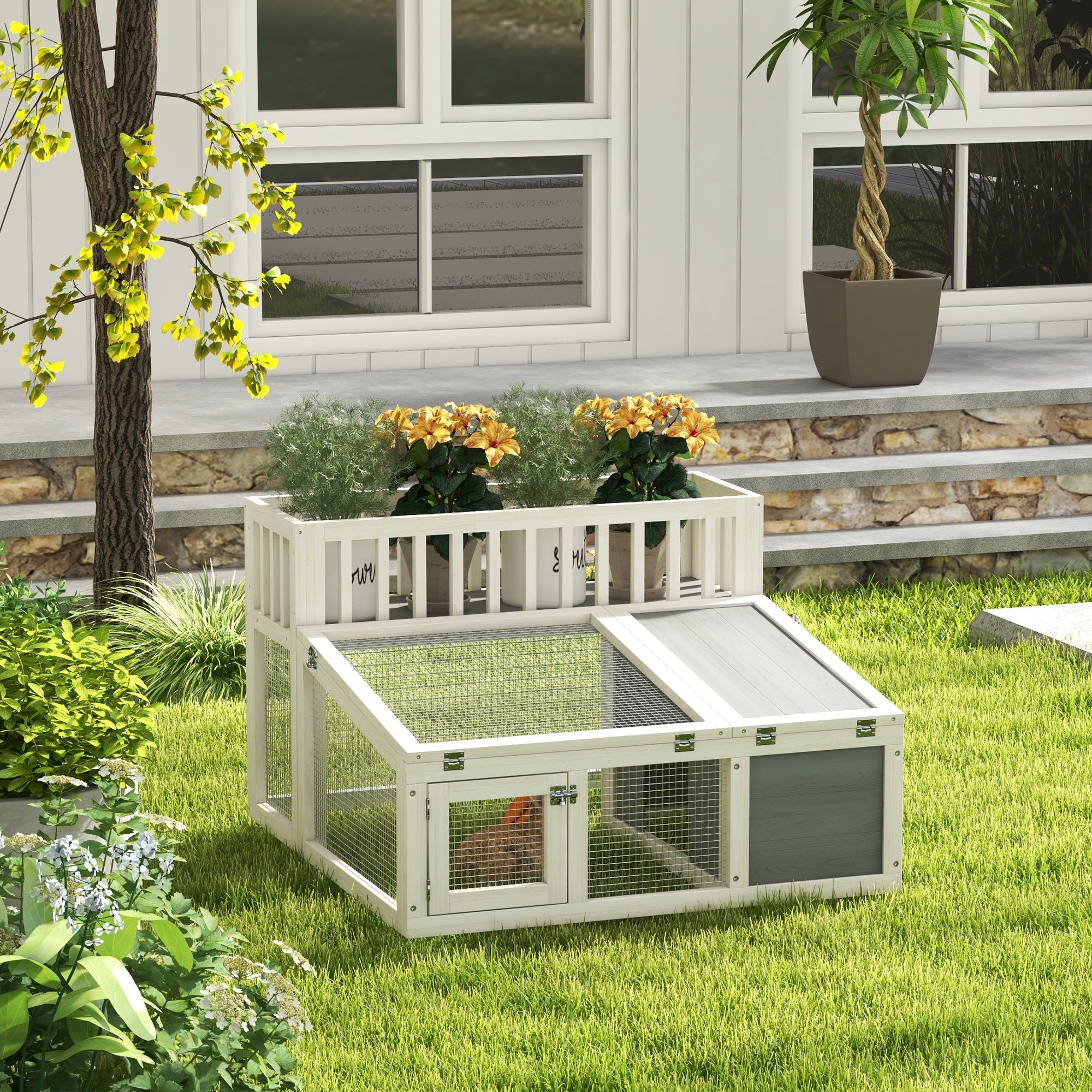 Rabbit Cage Outdoor Indoor Guinea Pig Cage with Run, Openable Tops, for 1-2 Rabbits, 37