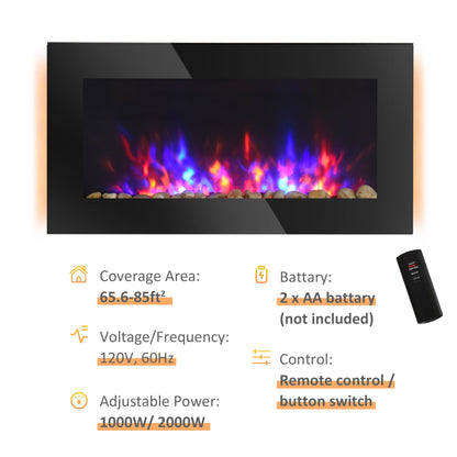 36" Wall-Mounted Electric Fireplace, 750/1500W Fireplace Heater with Flame Effect, 7 Color Background Light and Side Light, Black Electric Fireplaces   at Gallery Canada