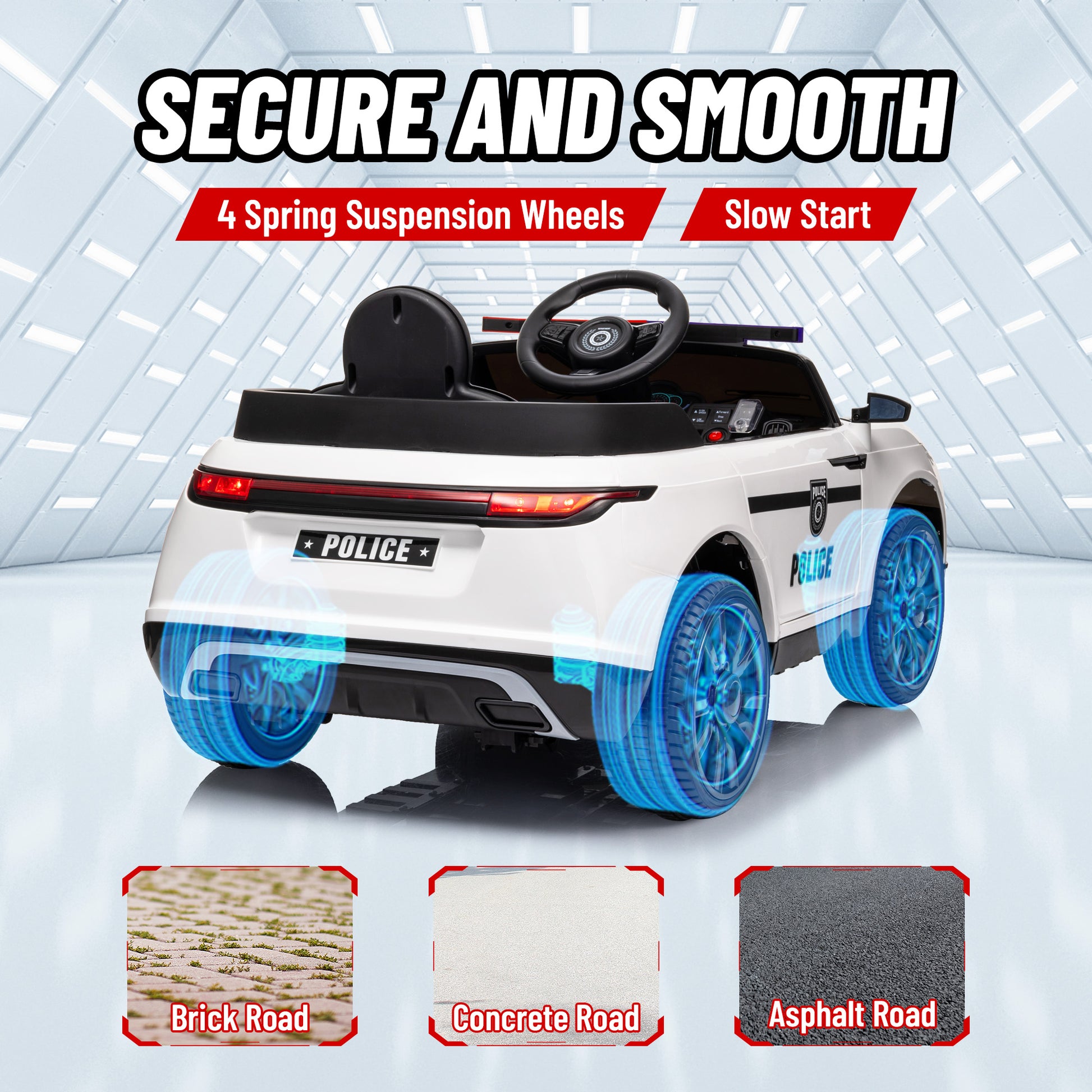 12V Kids Electric Police Car w/ Remote Control, Spring Suspension, Training Wheel, Siren, Music, Light, Horn, White Electric Toy Cars   at Gallery Canada