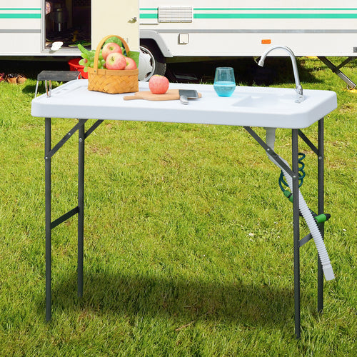 Folding Table Fish Table Cleaning Wash Table with Sink, Faucet and Spray Cleaner for BBQ Camping Picnic Garden 45