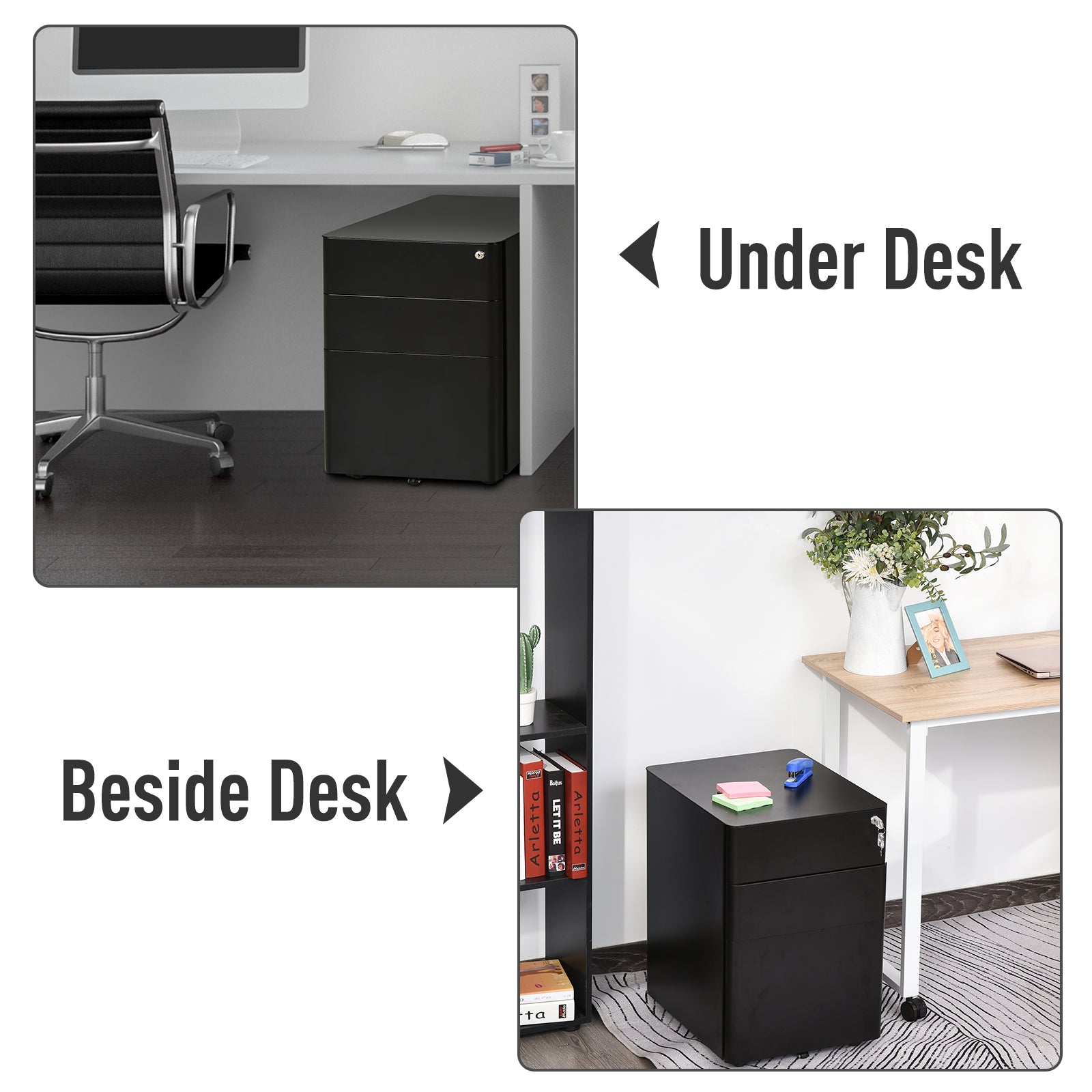 Metal Filing Cabinet 3 Drawer, Mobile Office Cabinet with Wheels for Legal, Letter, A4 File, Black Office Cabinets & Cupboards at Gallery Canada