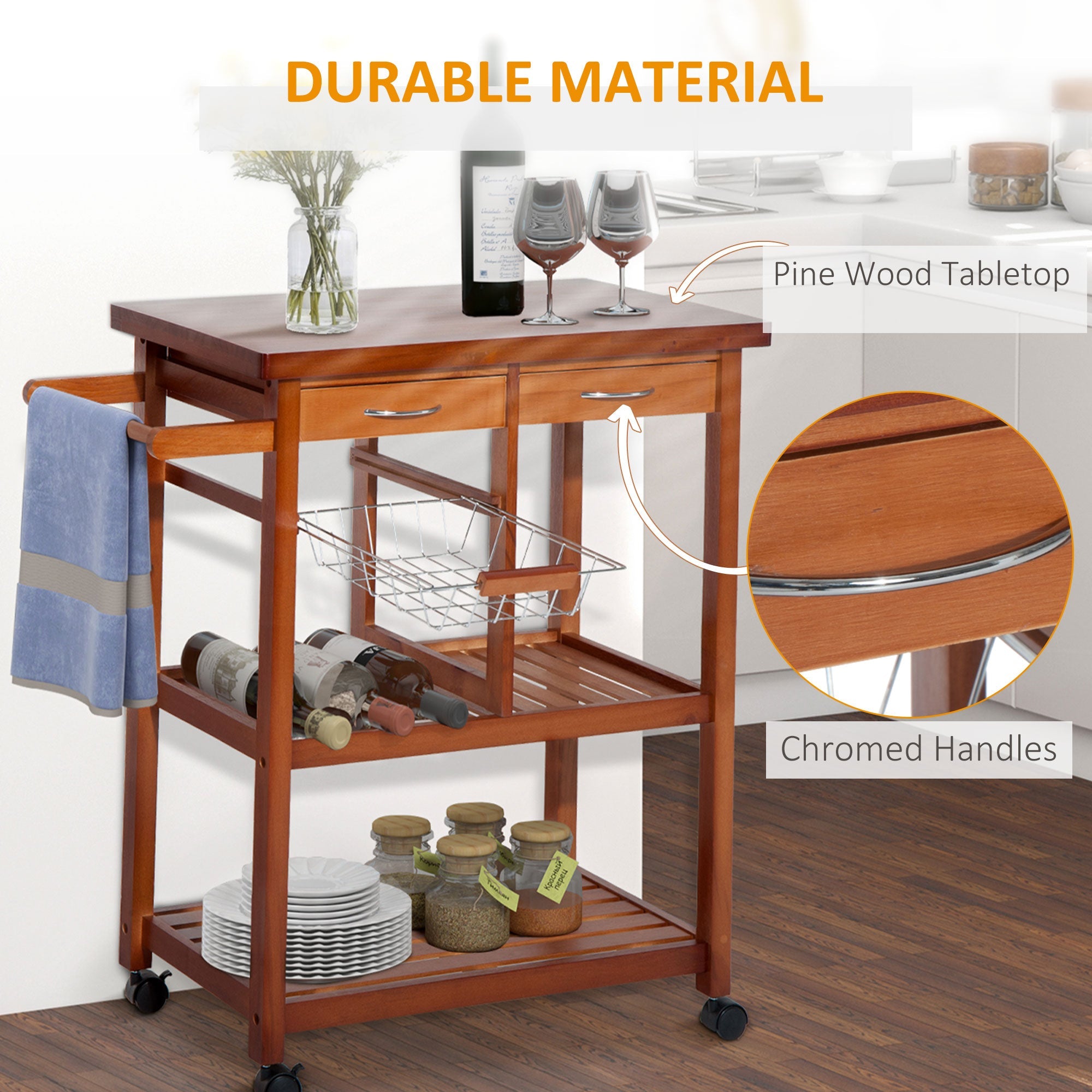 Wooden Kitchen Trolley Cart Basket Drawer Dining Storage w/Roller Holder Wood Kitchen Islands & Kitchen Carts   at Gallery Canada