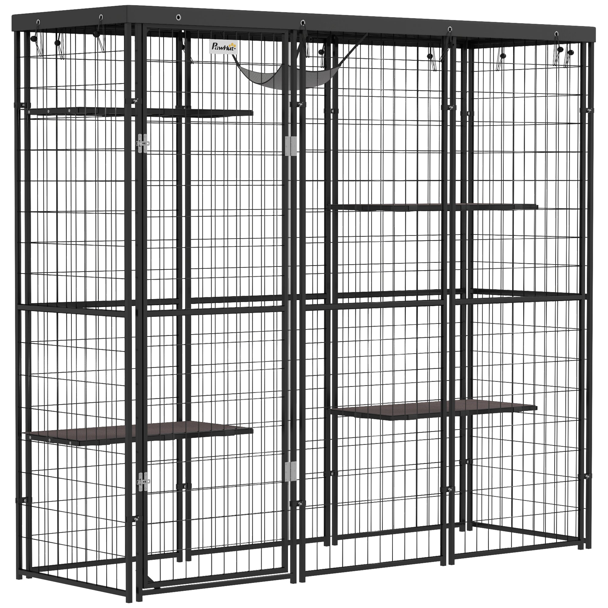Weld Wire Catio Outdoor Indoor with Waterproof Cover, 4 Jumping Platforms, Hammock, 69