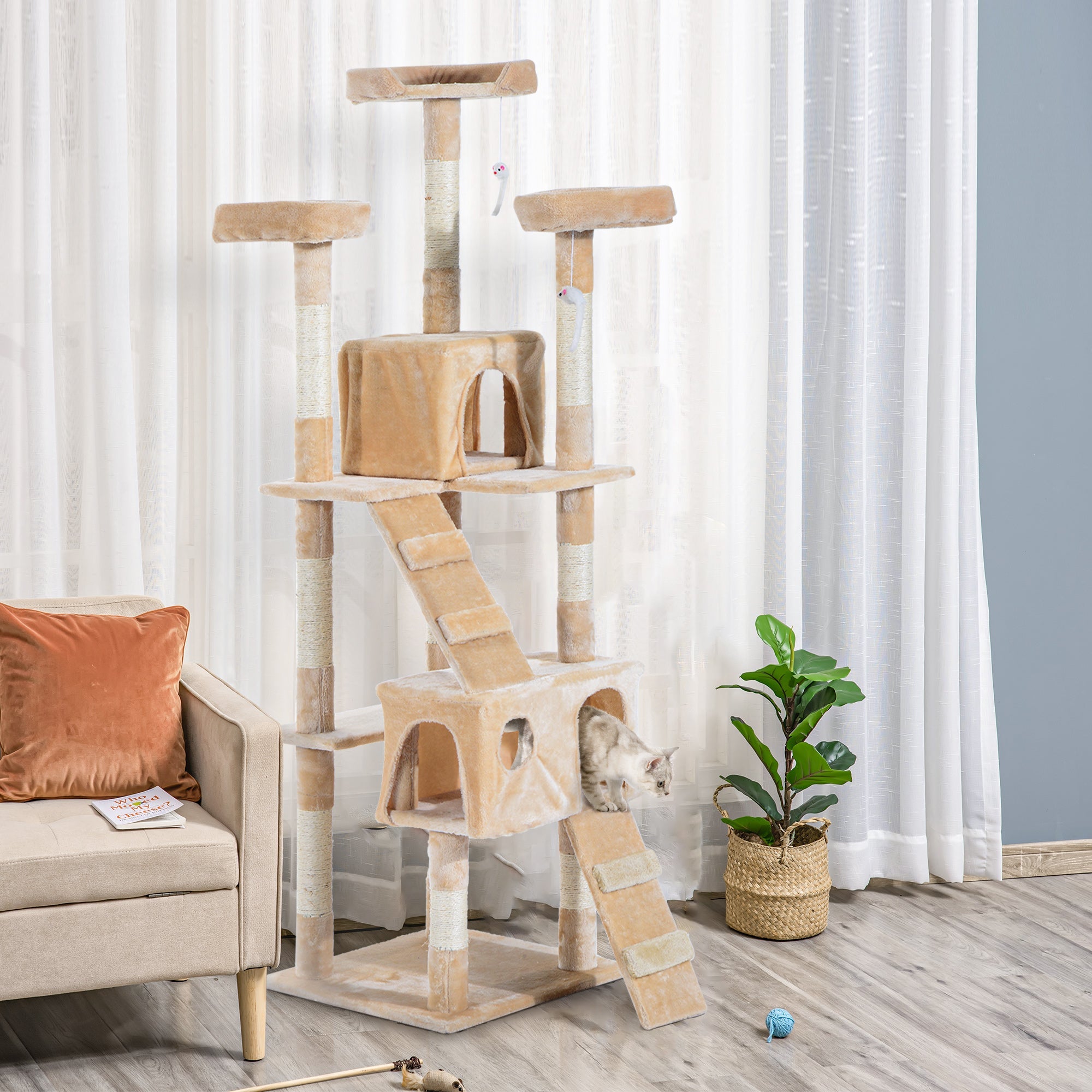 67-inch Multi-Level Cat Scratching Tree Kitty Activity Center Post Tower Condo Pet Furniture w/ Toy Beige Cat Towers   at Gallery Canada