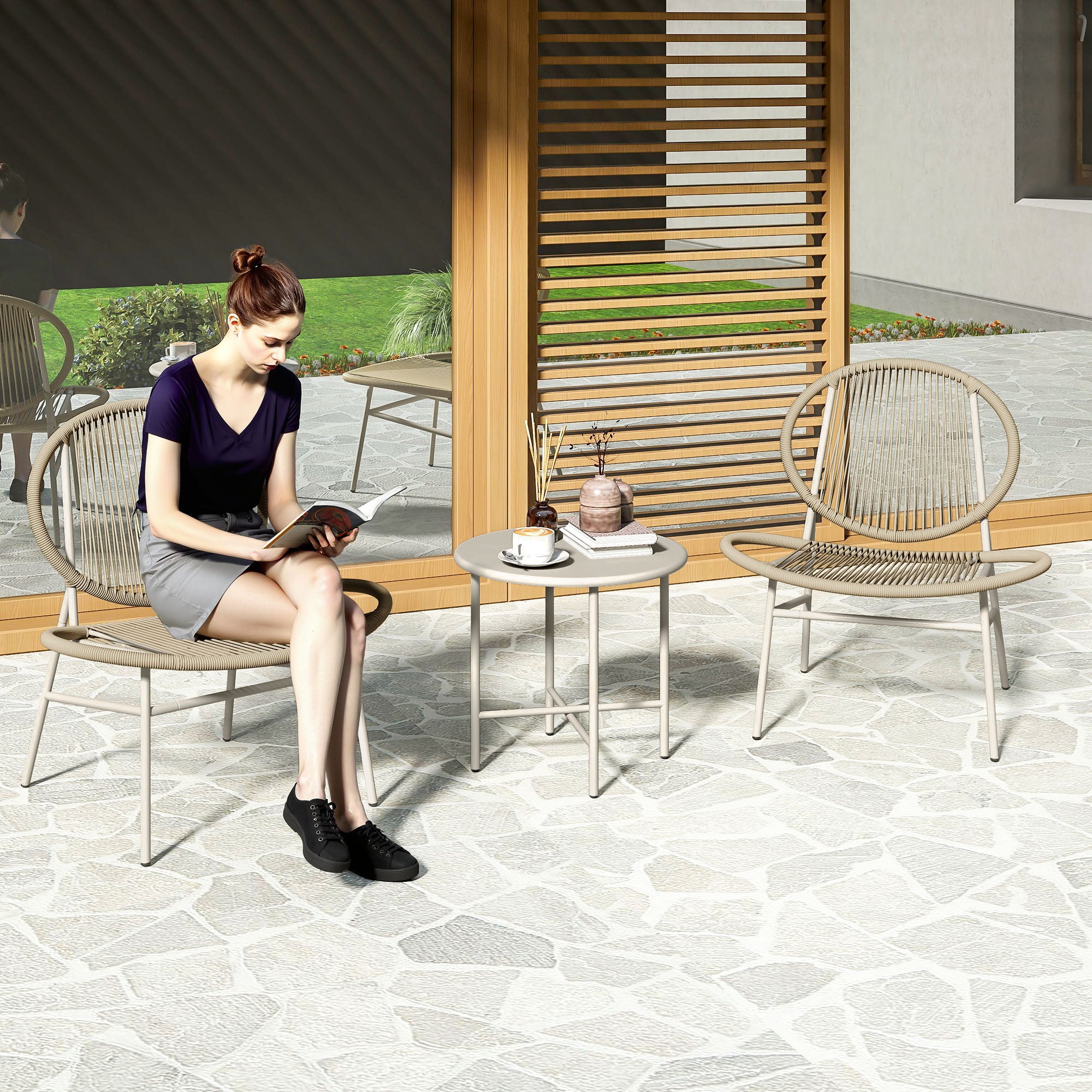 Rattan Bistro Set, 3 Pieces Wicker Patio Furniture Set, Acapulco Chairs and Steel Table for Porch, Balcony, Light Grey Bistro Sets at Gallery Canada