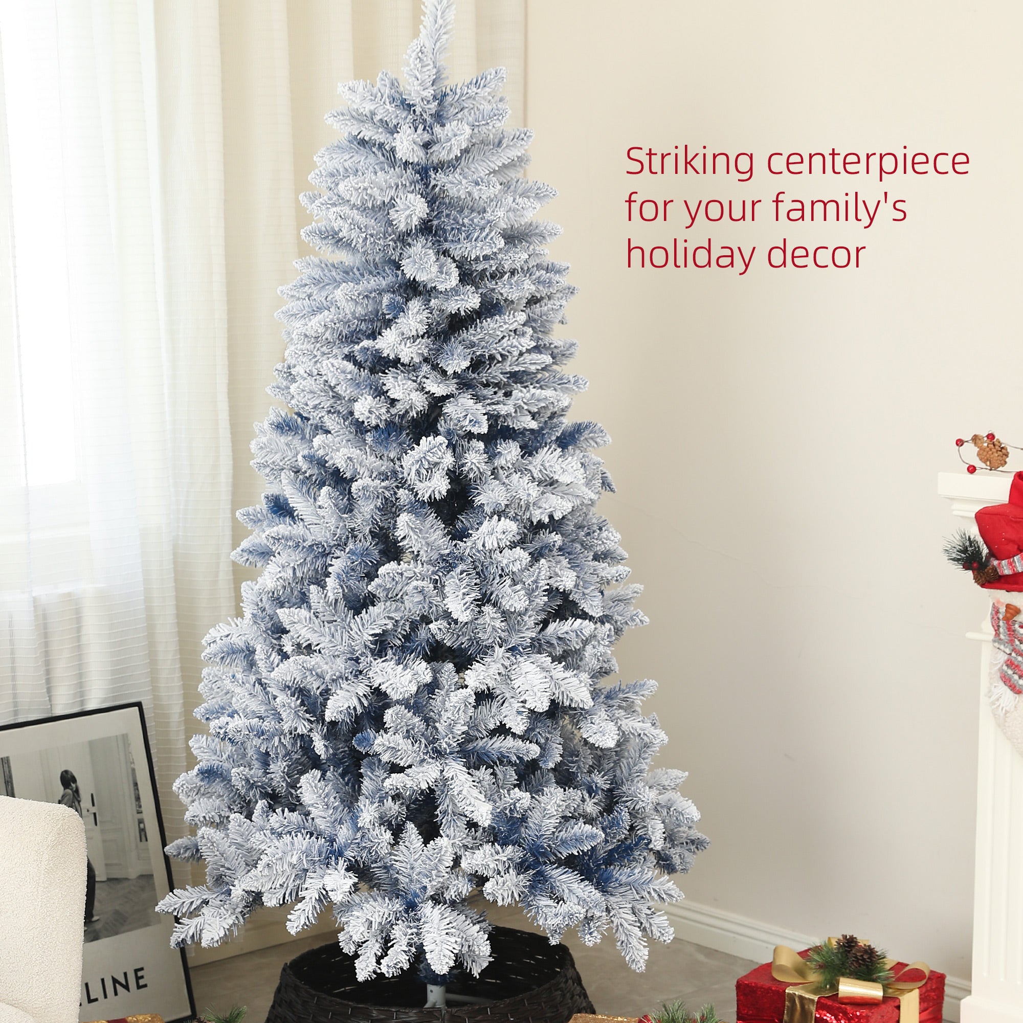 6ft Flocked Blue Christmas Tree, Artificial Christmas Tree with Hinged Design, Faux Snow, for Home Office Holiday Xmas Flocked Christmas Trees   at Gallery Canada