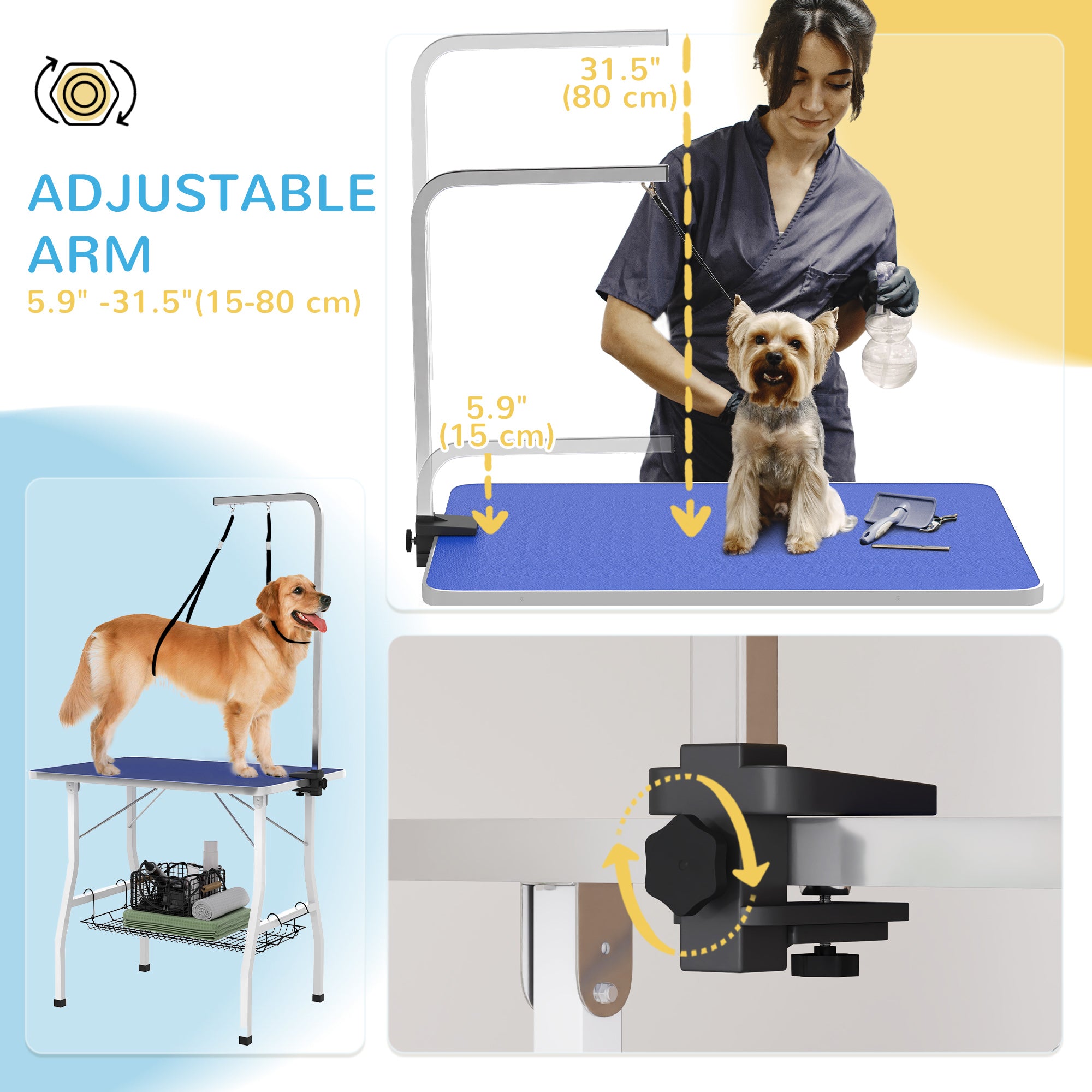 Dog Grooming Table w/ Adjustable Arm, Mesh Tray, Two Nooses, Rubber Surface, 35
