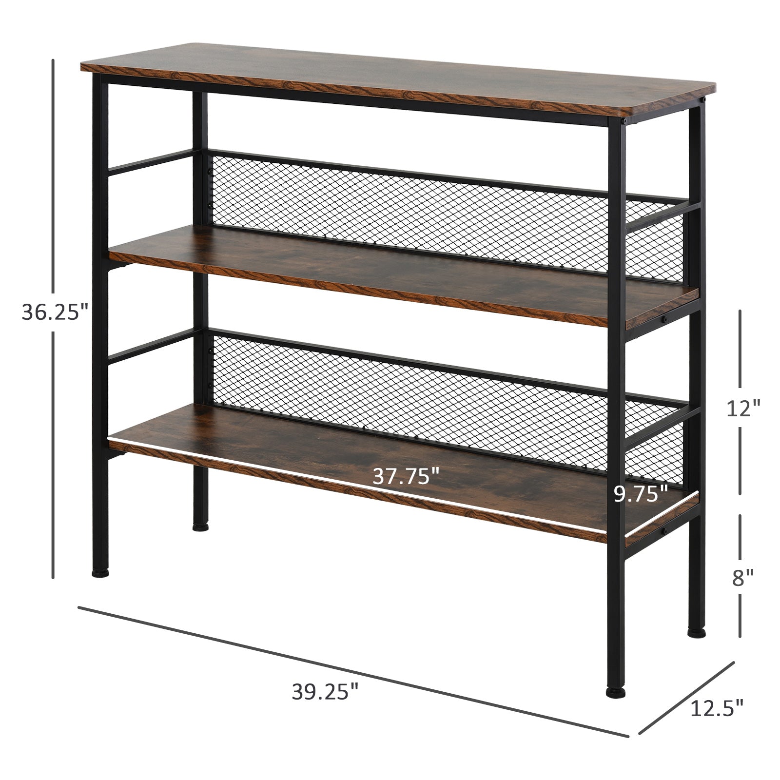 3 Tier Bookshelf Industrial Display Rack, 39 Inch Wood Metal Bookcase with Adjustable Feet for Living Room, Balcony, Kitchen, Brown Display Bookshelves   at Gallery Canada