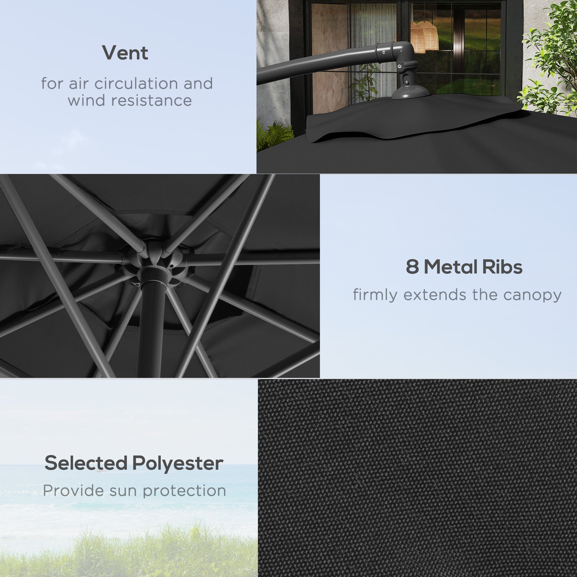 9.7ft Offset Patio Umbrella Garden Hanging Parasol Banana Cantilever Umbrella with Base, Crank, Black Offset Cantilever Umbrellas at Gallery Canada