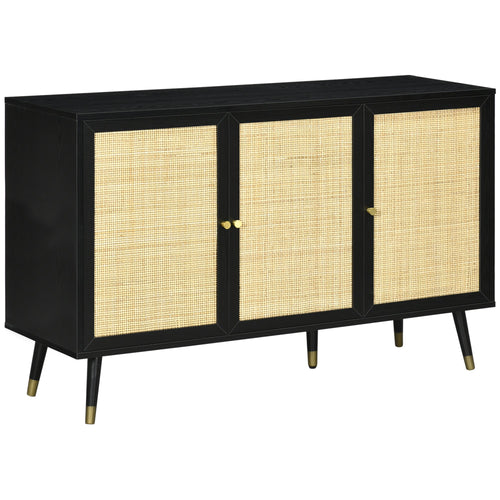 Boho Kitchen Sideboard, Rattan Door Buffet Cabinet with Storage Shelves and Wood Legs, Black