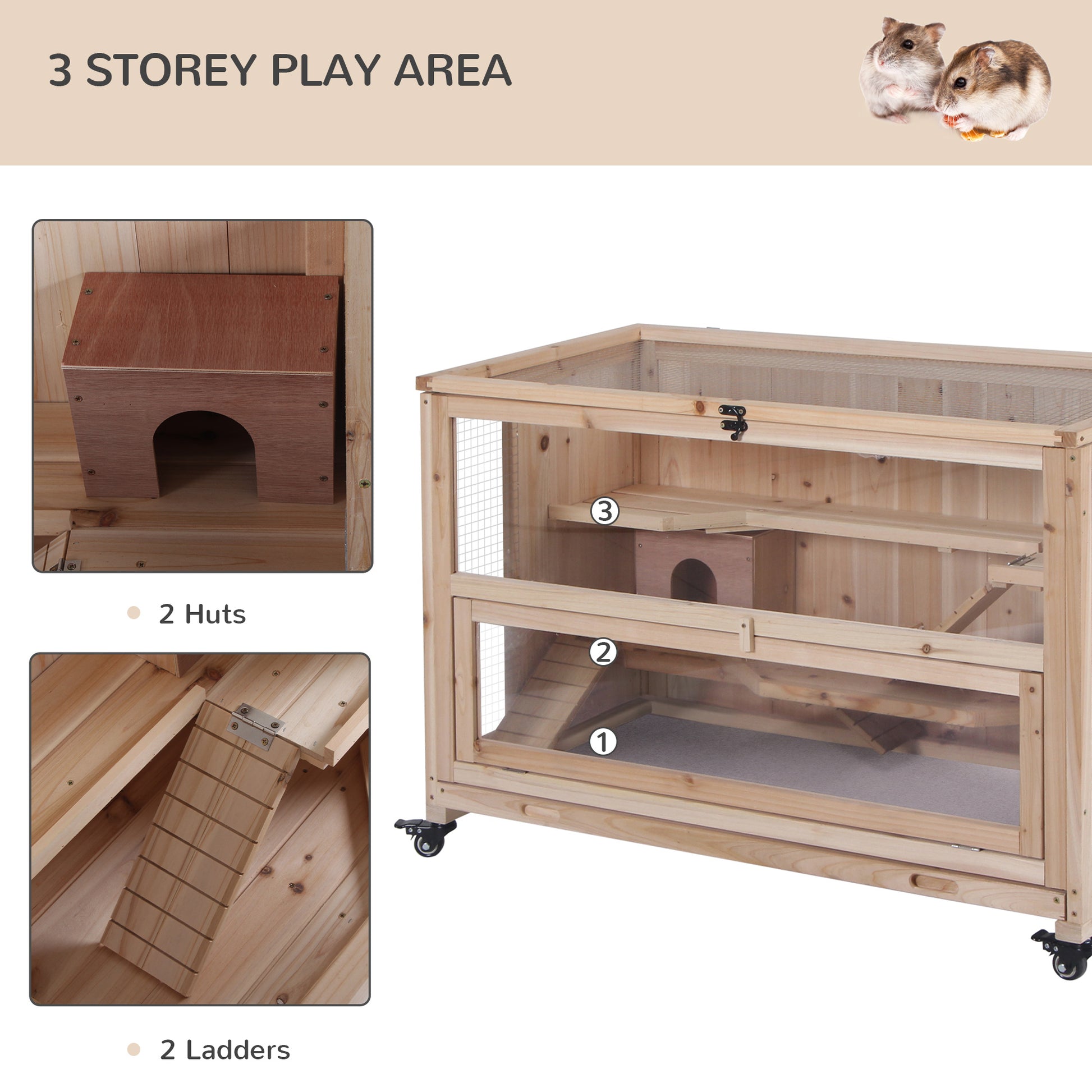 3 Tier Wooden Hamster Cage with Wheels for Syrian, Dwarf Hamster, Nature Wood Hamster Cages   at Gallery Canada