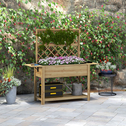 Wood Planter with Trellis for Climbing Plants, Raised Garden Bed with Foldable Shelves, 55.1" x 17.7" x 59.4", Natural Raised Garden Beds   at Gallery Canada