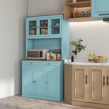 71" Kitchen Pantry Cabinet with Microwave Space, Buffet with Hutch, 2 Drawers, Adjustable Shelves and Glass Doors, Blue Kitchen Pantry Cabinets   at Gallery Canada