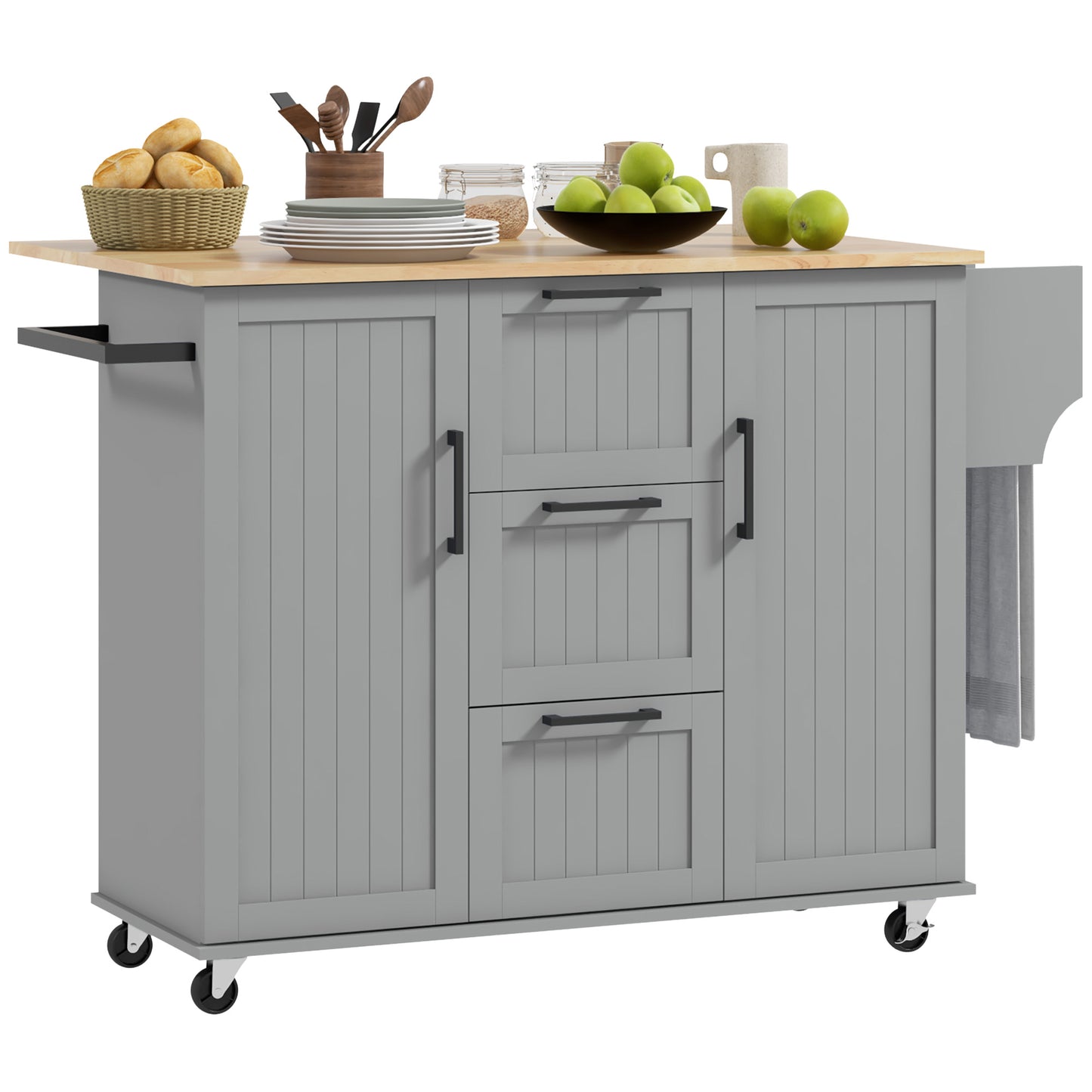 Rolling Kitchen Cart on Wheels with Drop Leaf, Kitchen Island with 3 Drawers, Solid Wood Top and Towel Rack, Grey Kitchen Islands & Kitchen Carts   at Gallery Canada