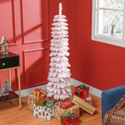 5ft Snow-Flocked Artificial Christmas Tree, Slim Pencil Xmas Tree with 301 Realistic Branches, Metal Base, Pink Pencil Christmas Trees Pink at Gallery Canada