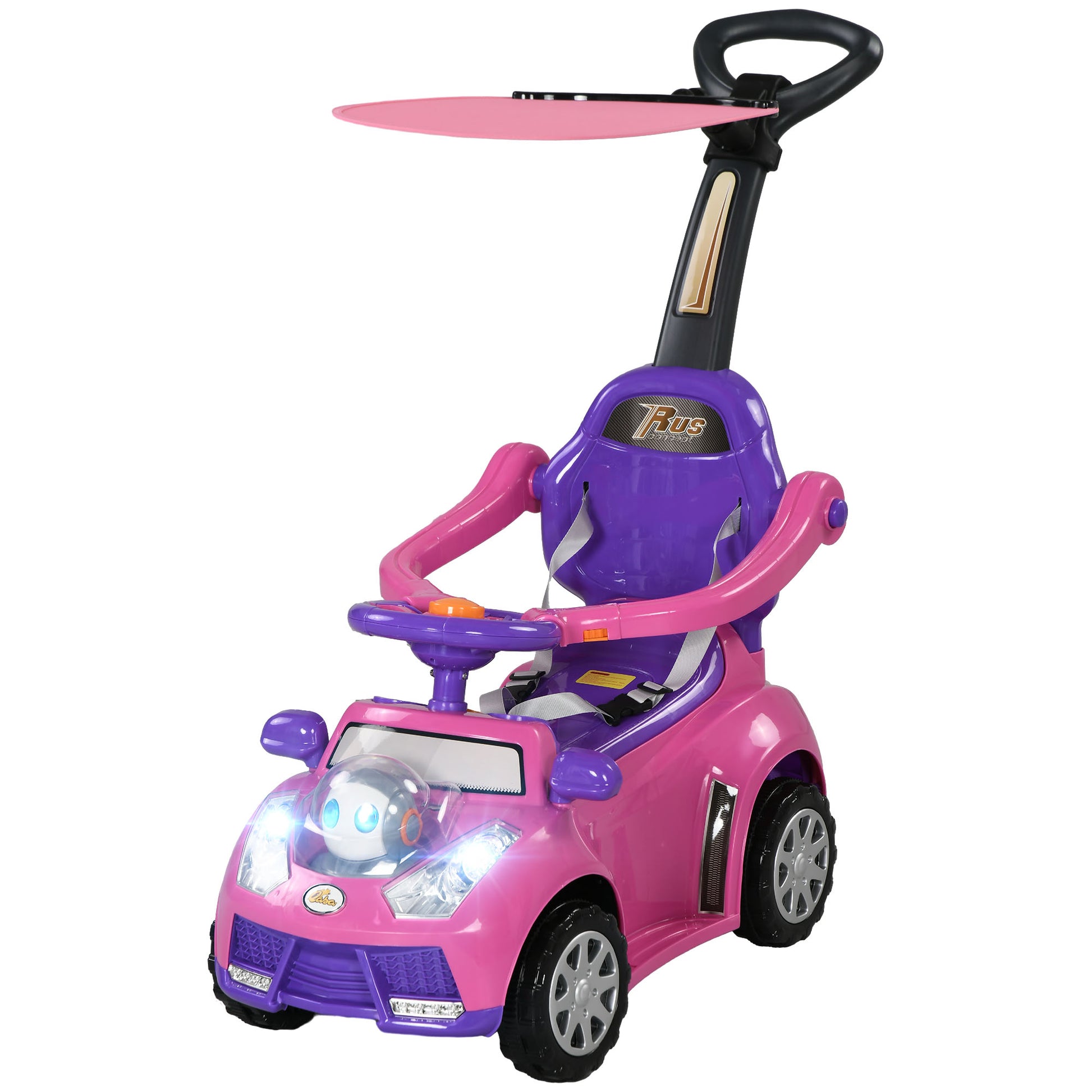 3 in 1 Kids Push Car Toddler Sliding Car, Foot to Floor Design with Music, Light, Handle, Removable Canopy, Pink Push Cars for Toddlers   at Gallery Canada