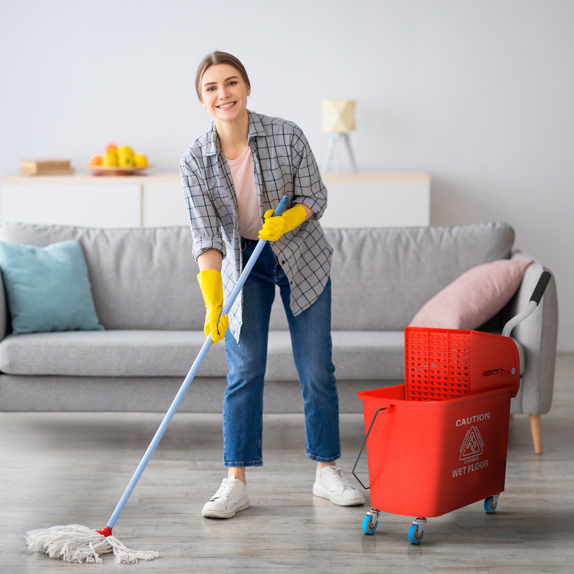 Mop Bucket with Wringer, Mop Bucket on Wheels for Floor Cleaning, 5 Gallon, Separate Dirty and Clean Water, Red Household Supplies at Gallery Canada