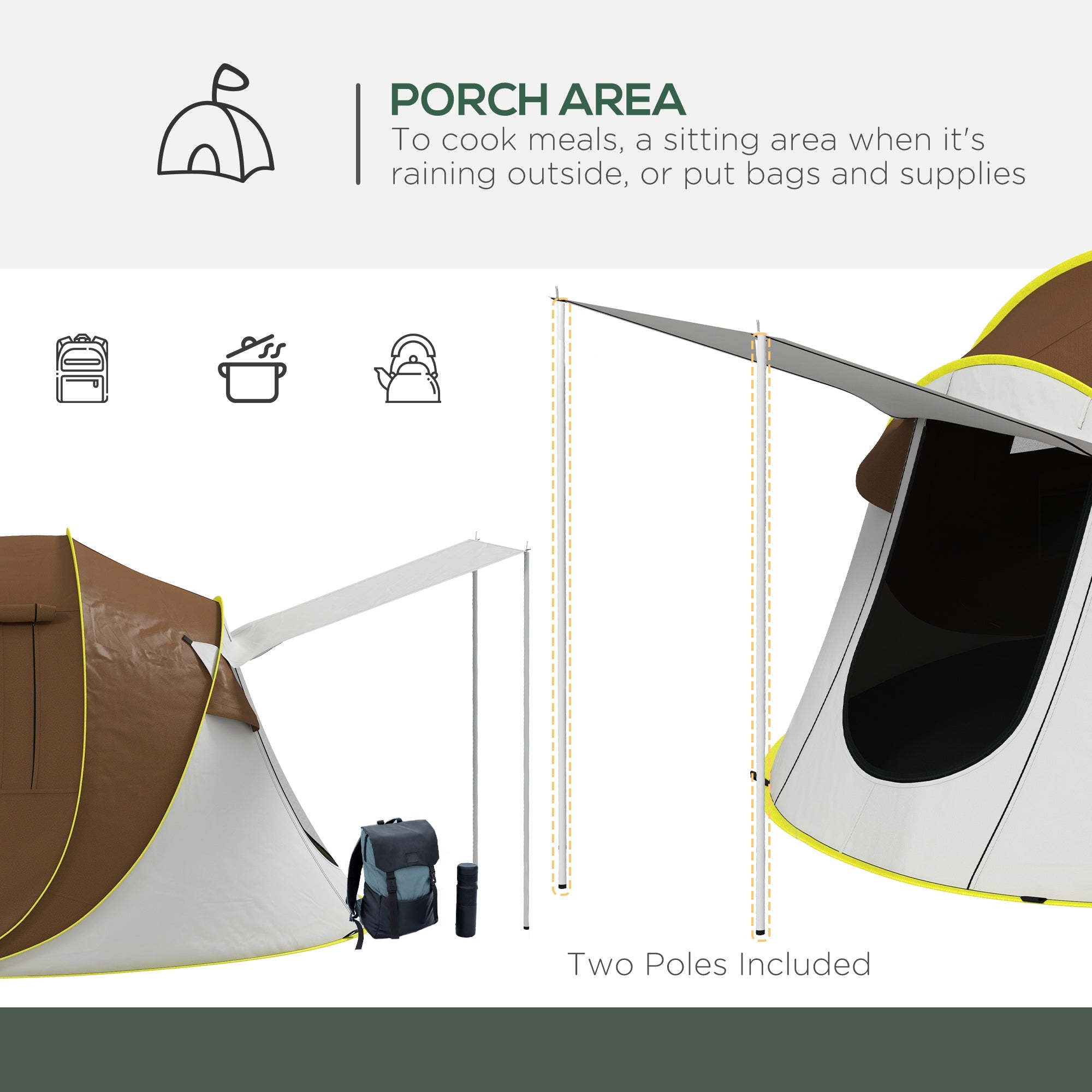 Pop Up Tent with 2 Porch and Carry Bag, 3000mm Waterproof Camping Tent, for 2-3 People, Brown Camping Tents   at Gallery Canada