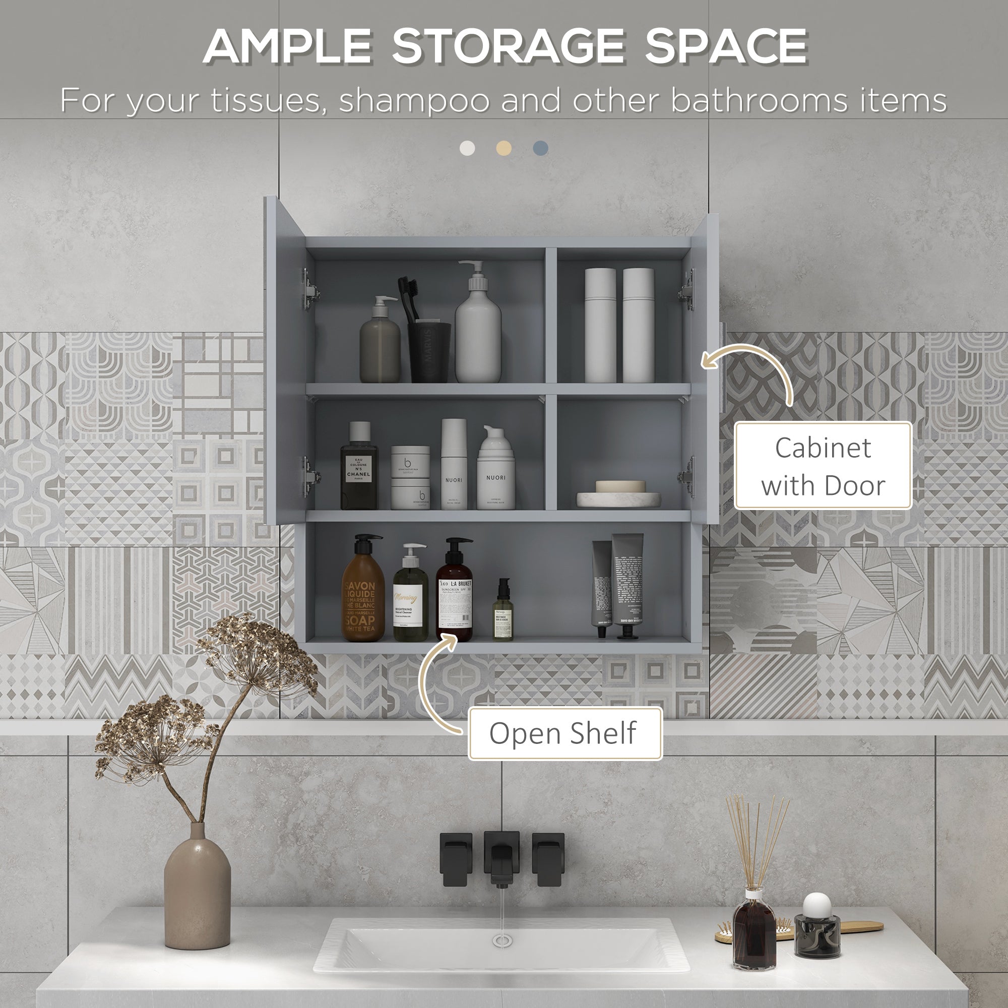Bathroom Mirror Cabinet, Wall Mounted Medicine Cabinet with Double Doors and Adjustable Shelf, Grey Mirror Medicine Cabinets at Gallery Canada