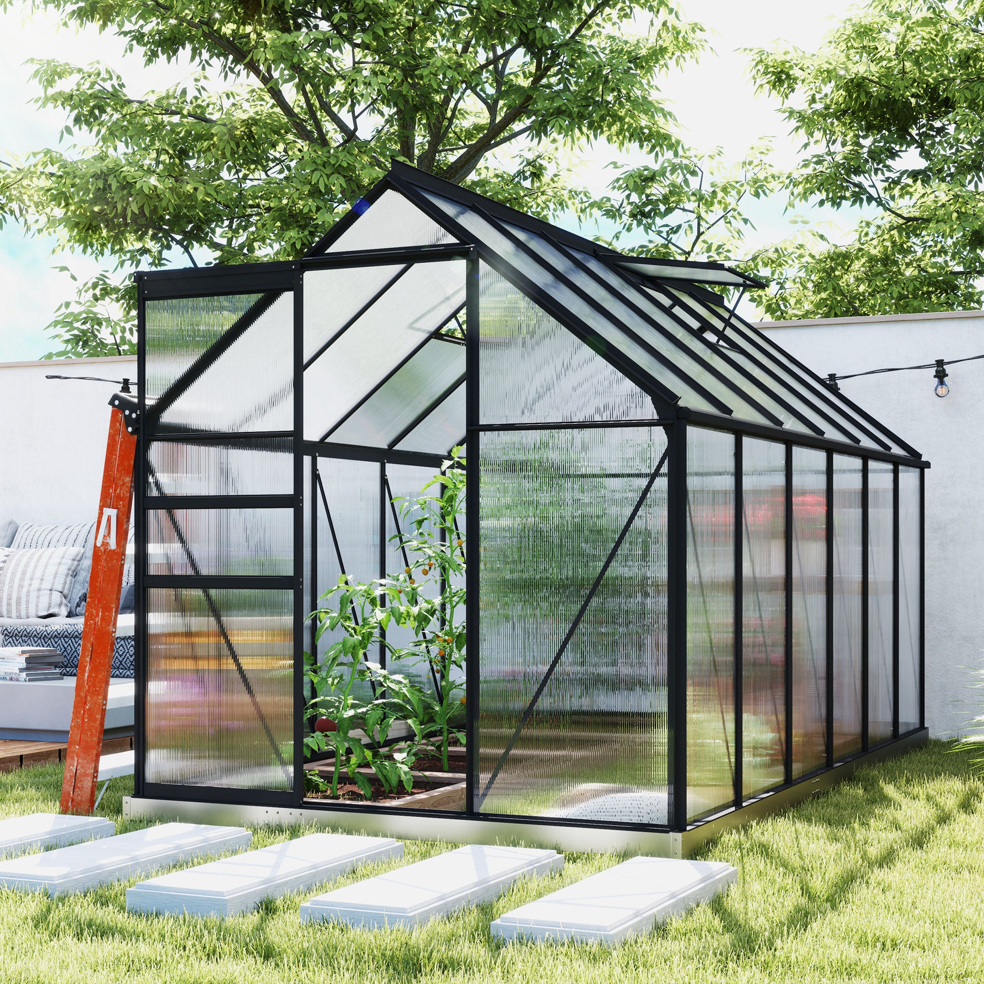 6' x 12' x 6.5' Polycarbonate Greenhouse, Walk-in Green House with Adjustable Roof Vent Galvanized Base Sliding Door Rain Gutter for Outdoor Garden Backyard, Charcoal Grey Walk In Greenhouses at Gallery Canada