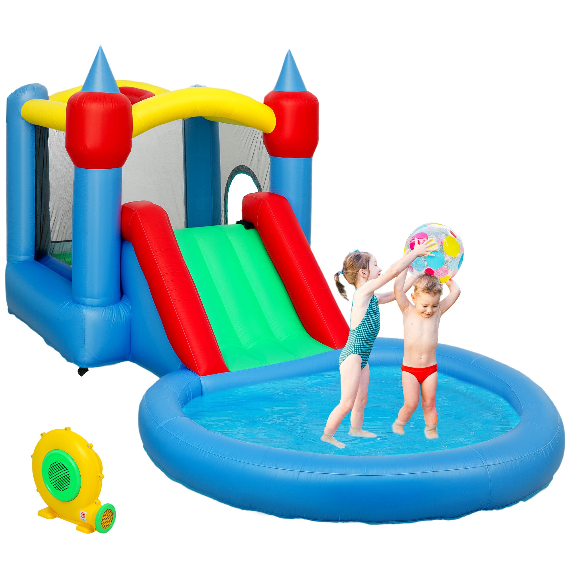 4 in 1 Inflatable Bounce House with Slide, Basketball Hoop, Ball Pit, Blower, Storage Bag, 163