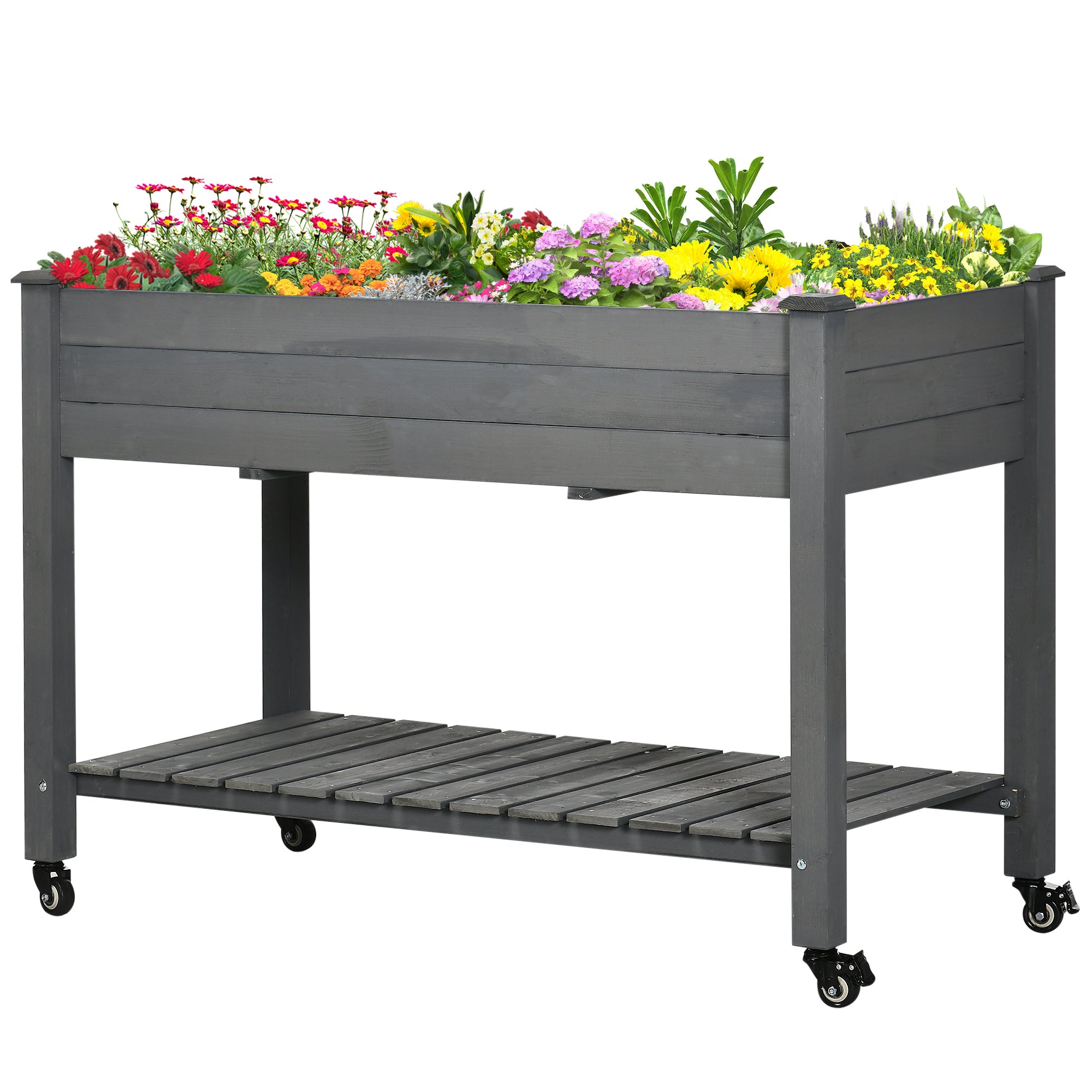 Mobile Raised Garden Bed Elevated Wood Planter Box w/ Lockable Wheels, Storage Shelf for Herbs Vegetables, Dark Grey Elevated Garden Beds Dark Grey at Gallery Canada