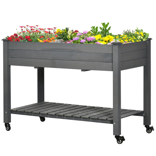 Mobile Raised Garden Bed Elevated Wood Planter Box w/ Lockable Wheels, Storage Shelf for Herbs Vegetables, Dark Grey