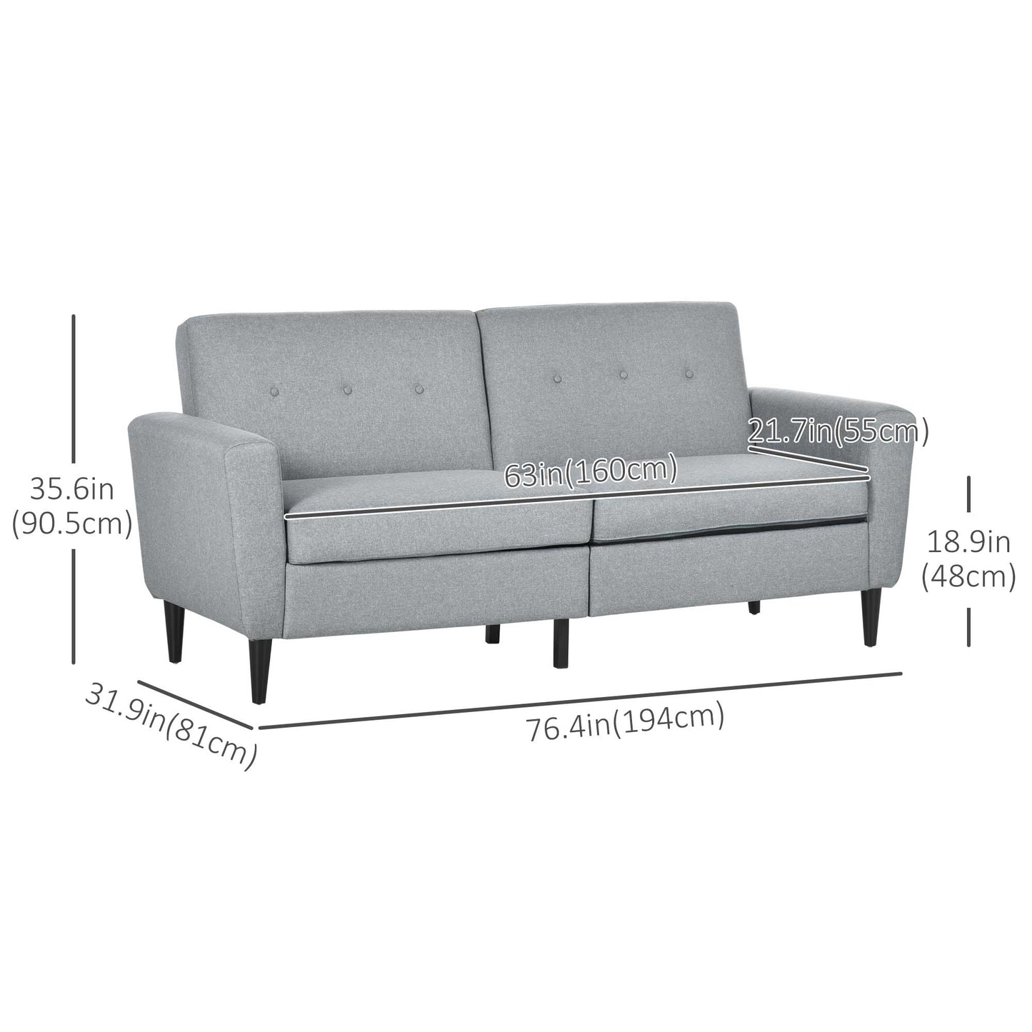 3 Seater Sofa, Upholstered Couch for Bedroom, Modern Sofa Settee with Padded Cushion, Button Tufting and Wood Legs for Living Room, Grey 3-Seater Sofas   at Gallery Canada