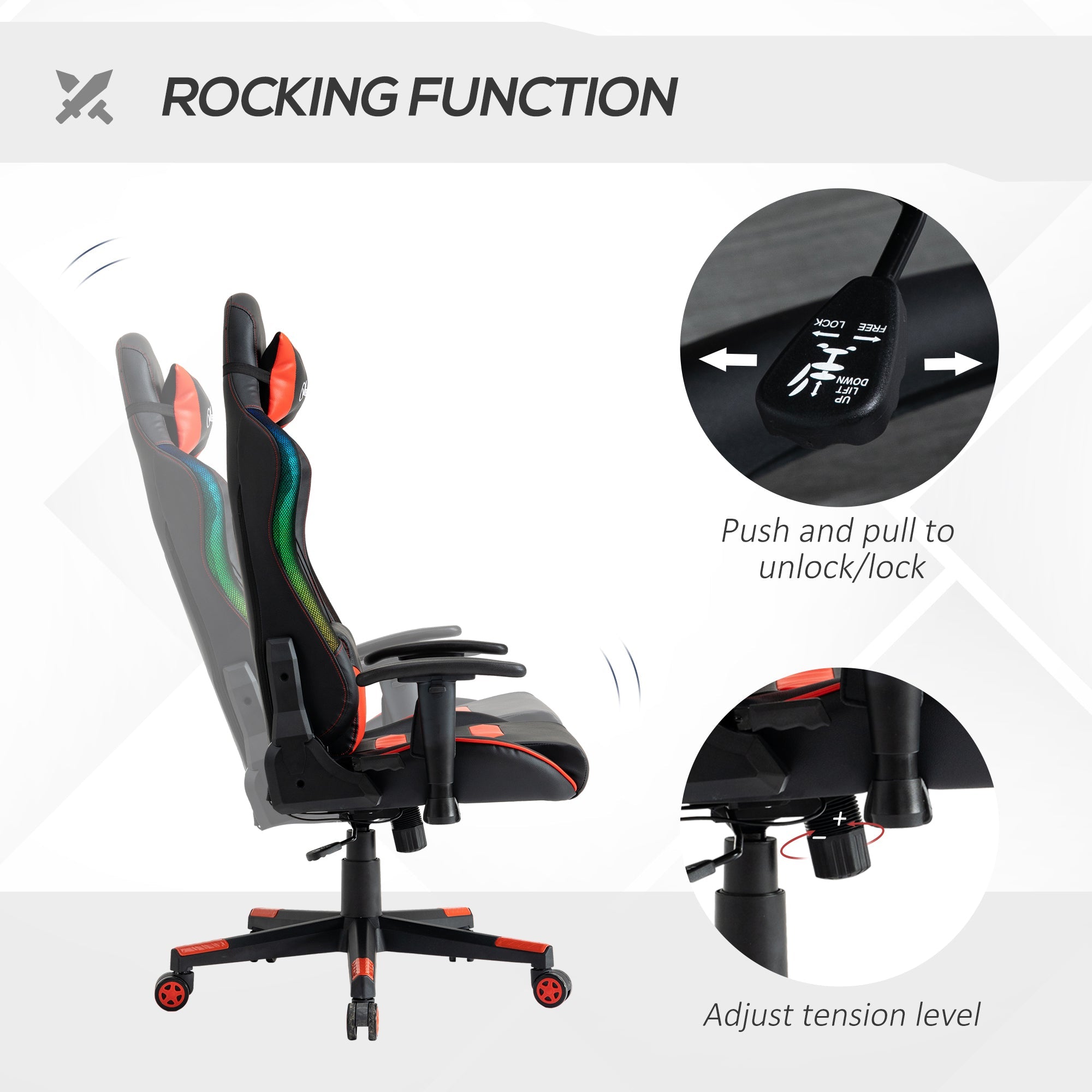 Racing Office Chair with RGB LED Light, Gaming Desk Chair with Lumbar Support, High Back PU Leather Swivel Computer Recliner, Tilt, Black and Red Video Game Chairs   at Gallery Canada