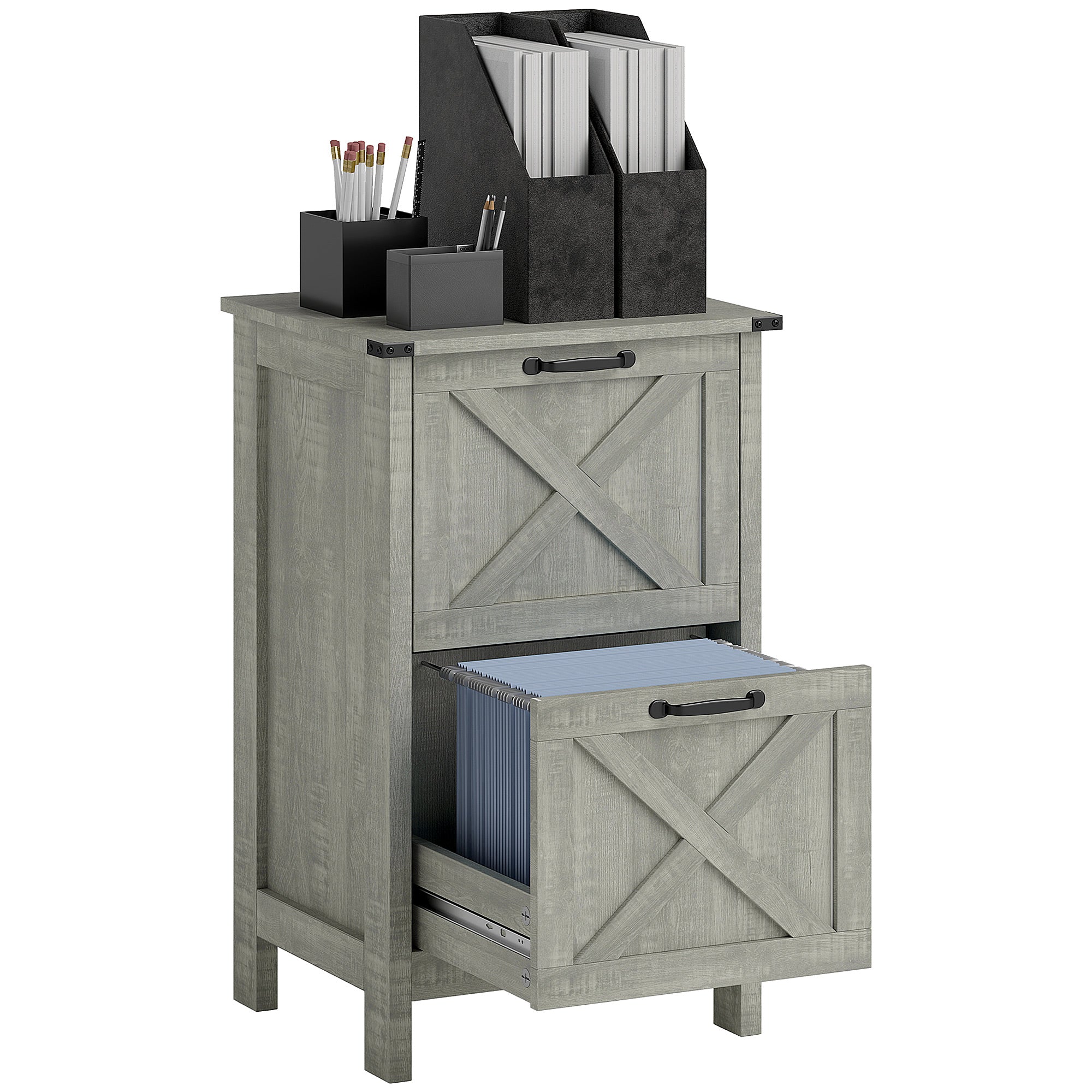 Vertical Filing Cabinet with 2 Drawers, Rustic Farmhouse Office Storage Cabinet for A4, Letter Size, Stone Grey Office Cabinets & Cupboards at Gallery Canada