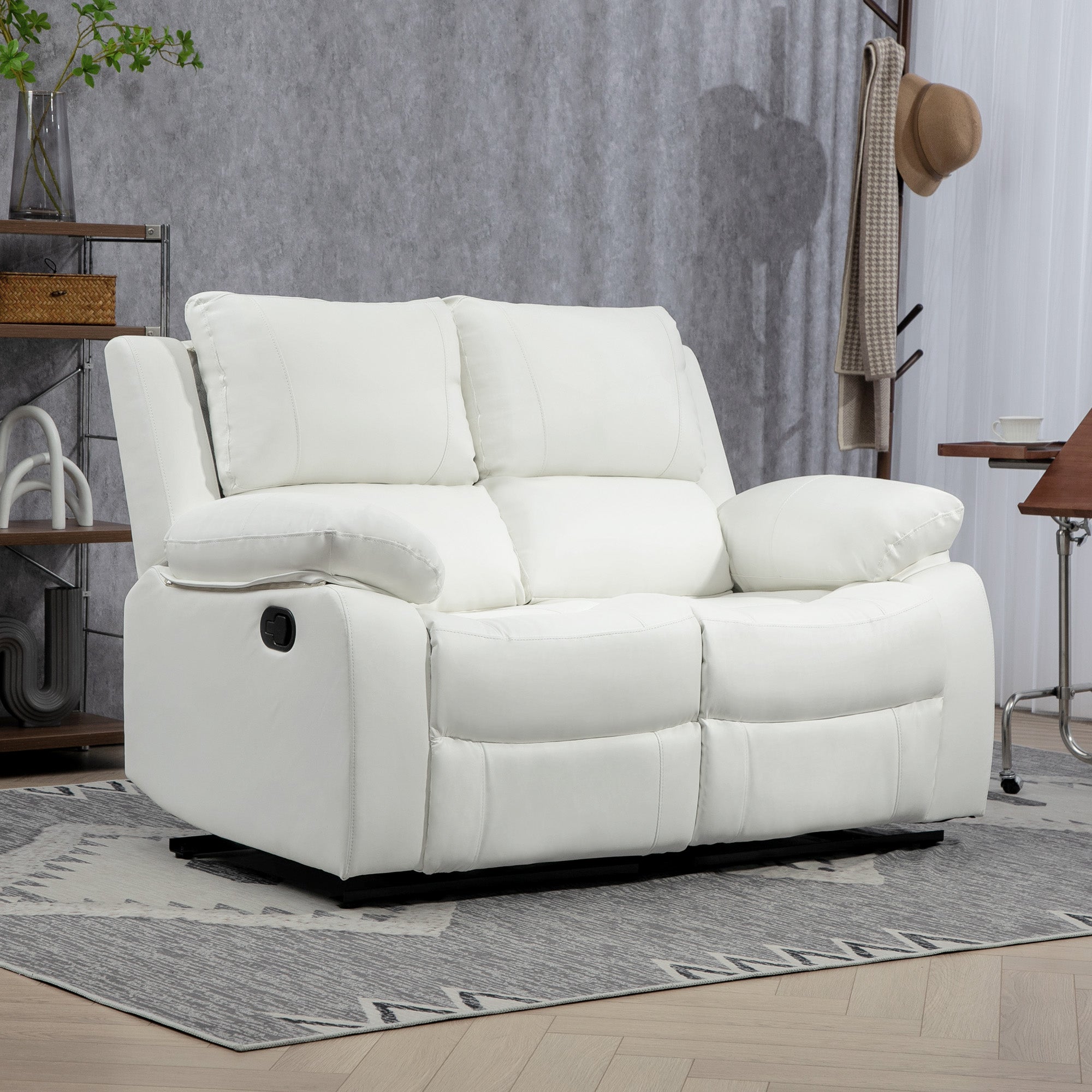 PU Leather Manual Recliner Sofa, Double Reclining Loveseat with Pullback Control Footrest for Living Room, White 2-Seater Sofas White at Gallery Canada