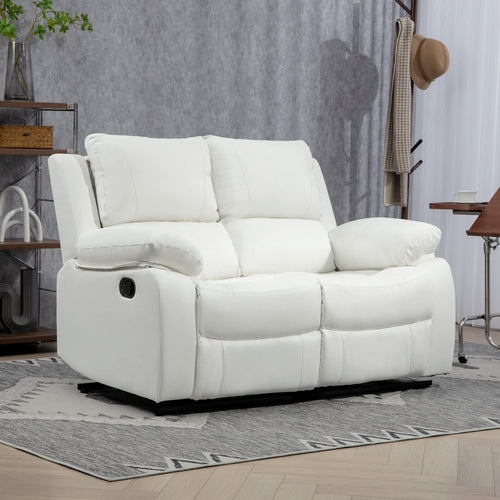 PU Leather Manual Recliner Sofa, Double Reclining Loveseat with Pullback Control Footrest for Living Room, White