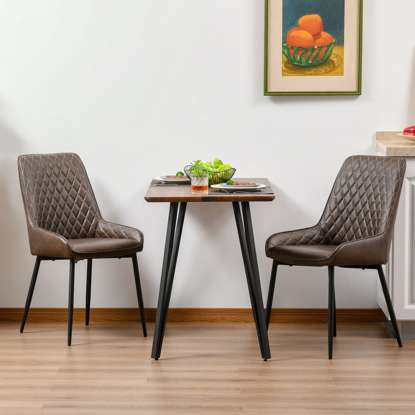 Retro Dining Chair Set of 2, PU Leather Upholstered Side Chairs for Kitchen Living Room with Metal Legs, Brown Bar Stools   at Gallery Canada