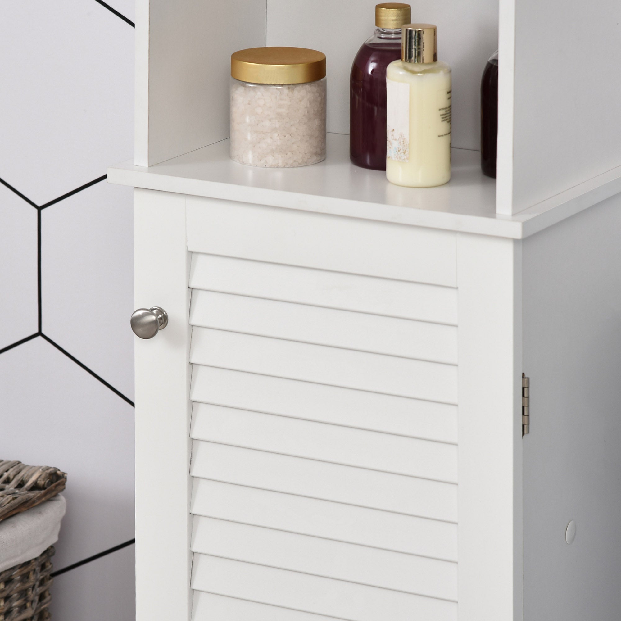 Tall Bathroom Storage Cabinet, Freestanding Linen Tower with 3-Tier Open Adjustable Shelf and Cupboard, White Bathroom Cabinets   at Gallery Canada