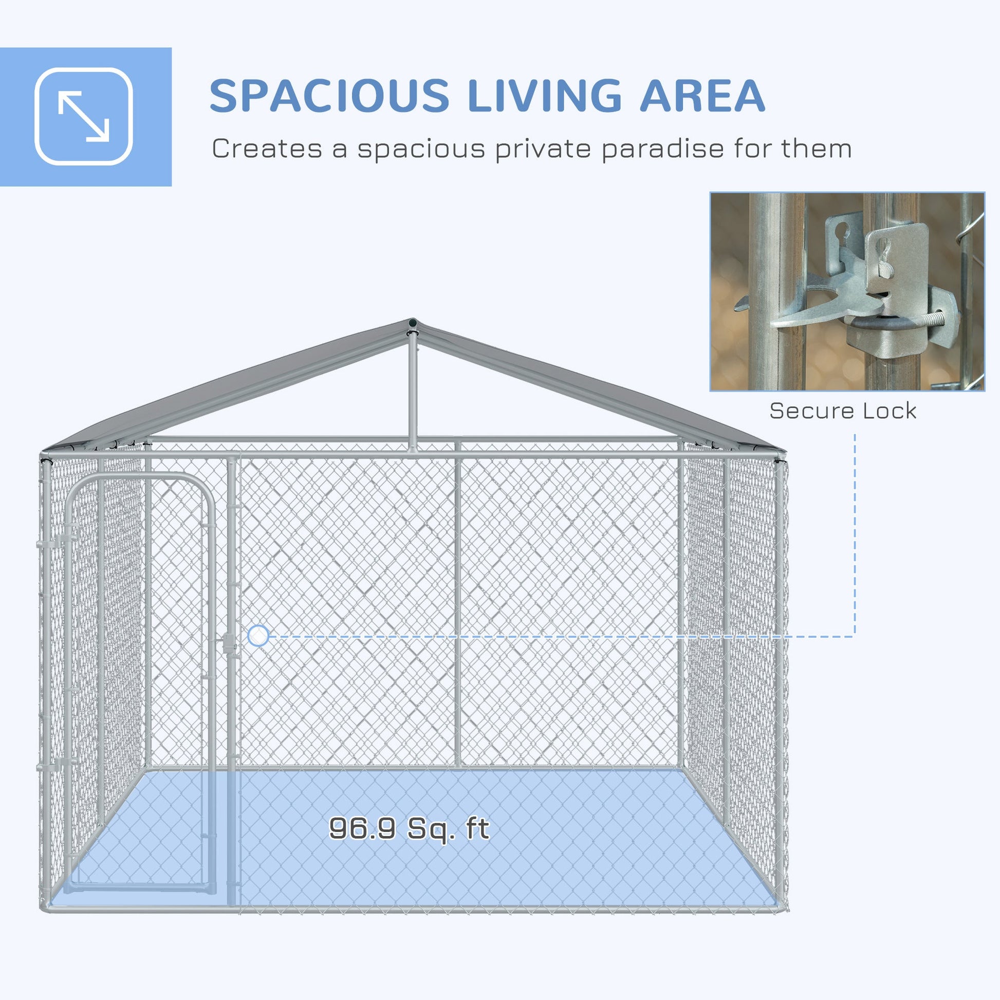 Dog Kennel Outdoor Run Fence with Roof, Steel Lock, Mesh Sidewalls for Backyard &; Patio, 9.8' x 9.8' x 7.7' Houses, Kennels & Pens   at Gallery Canada