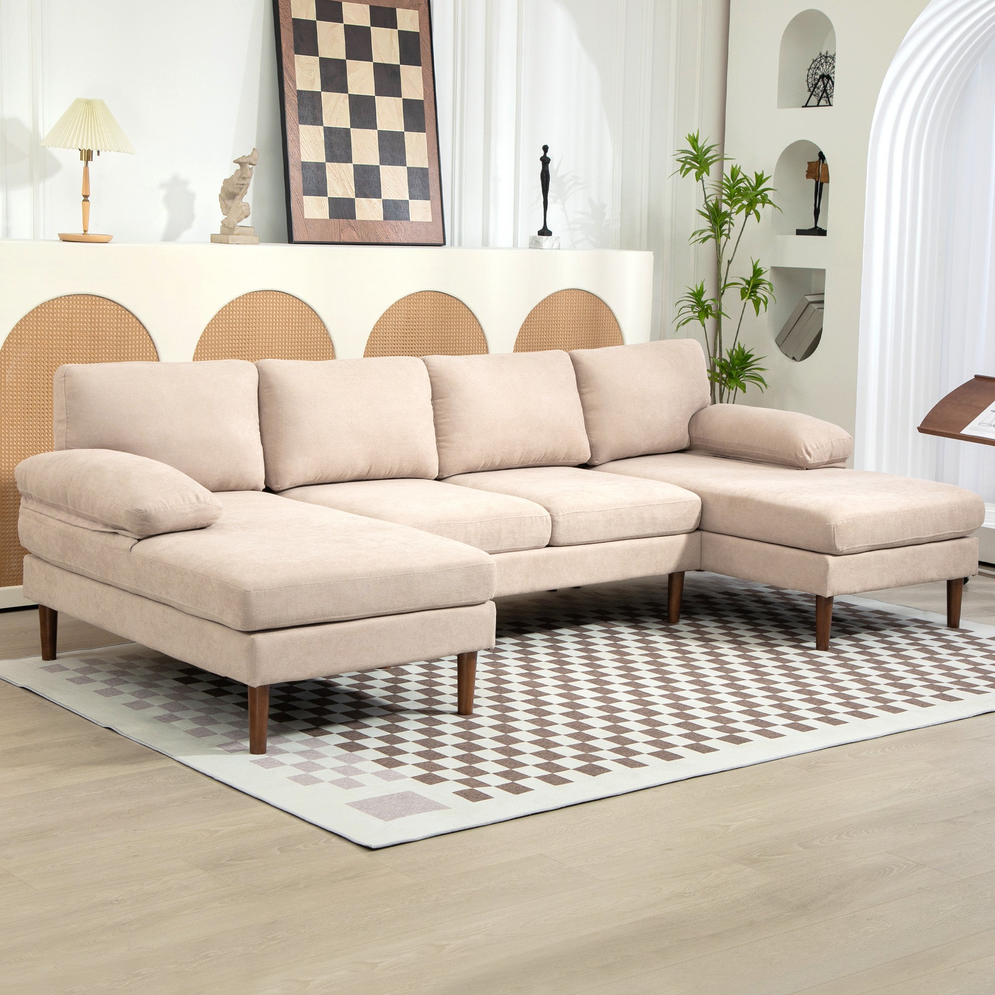 U Shape Couch with Double Chaise Lounge, Modern 4 Seater Sofa with Wooden Legs, Fabric Sofa for Living Room, Beige Sofas & Reclining Chairs at Gallery Canada
