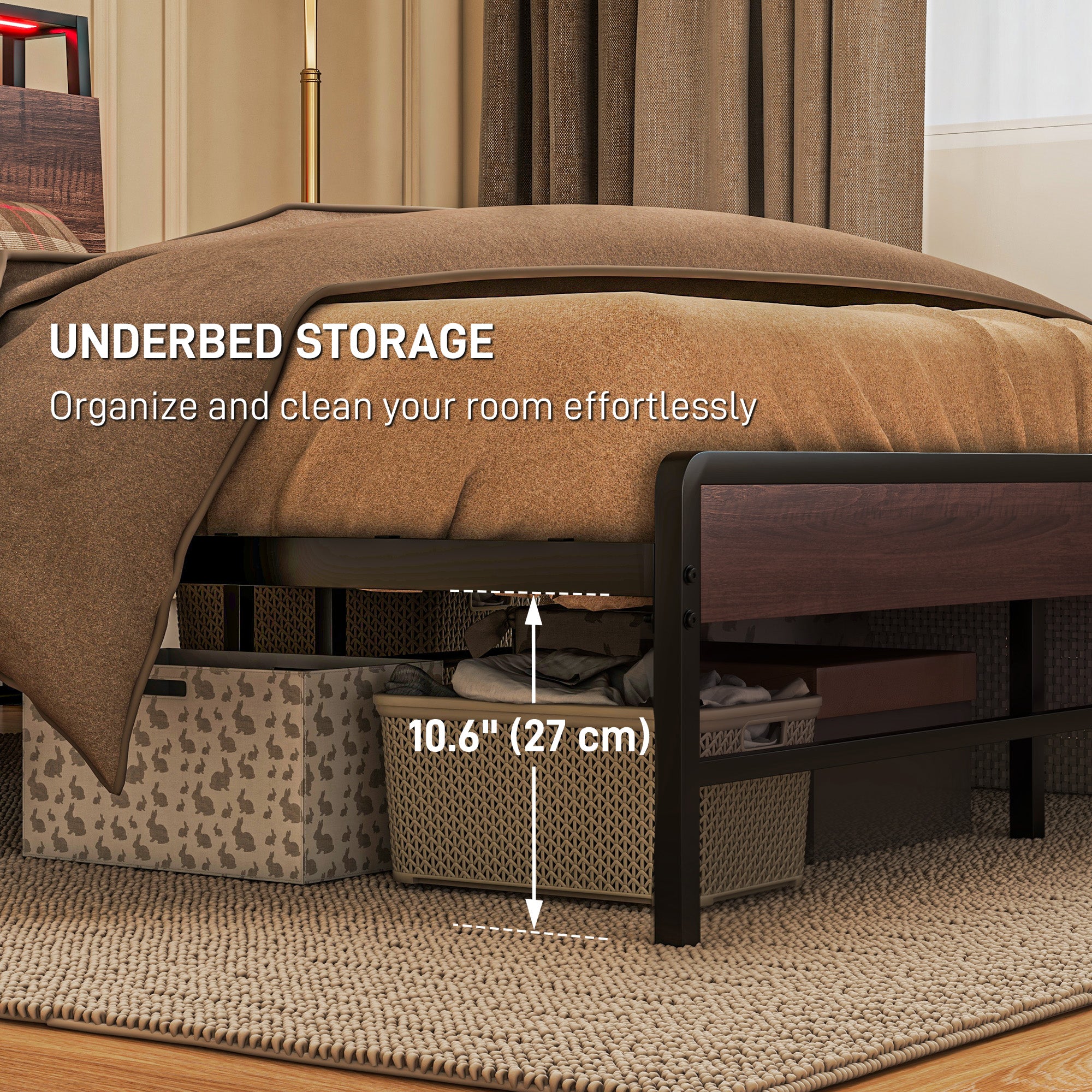 Queen Size Bed Frame with LED Lights and Charging Station, Queen Bed Frame with Storage Headboard, Noise-Free, Walnut Bedroom Furniture   at Gallery Canada