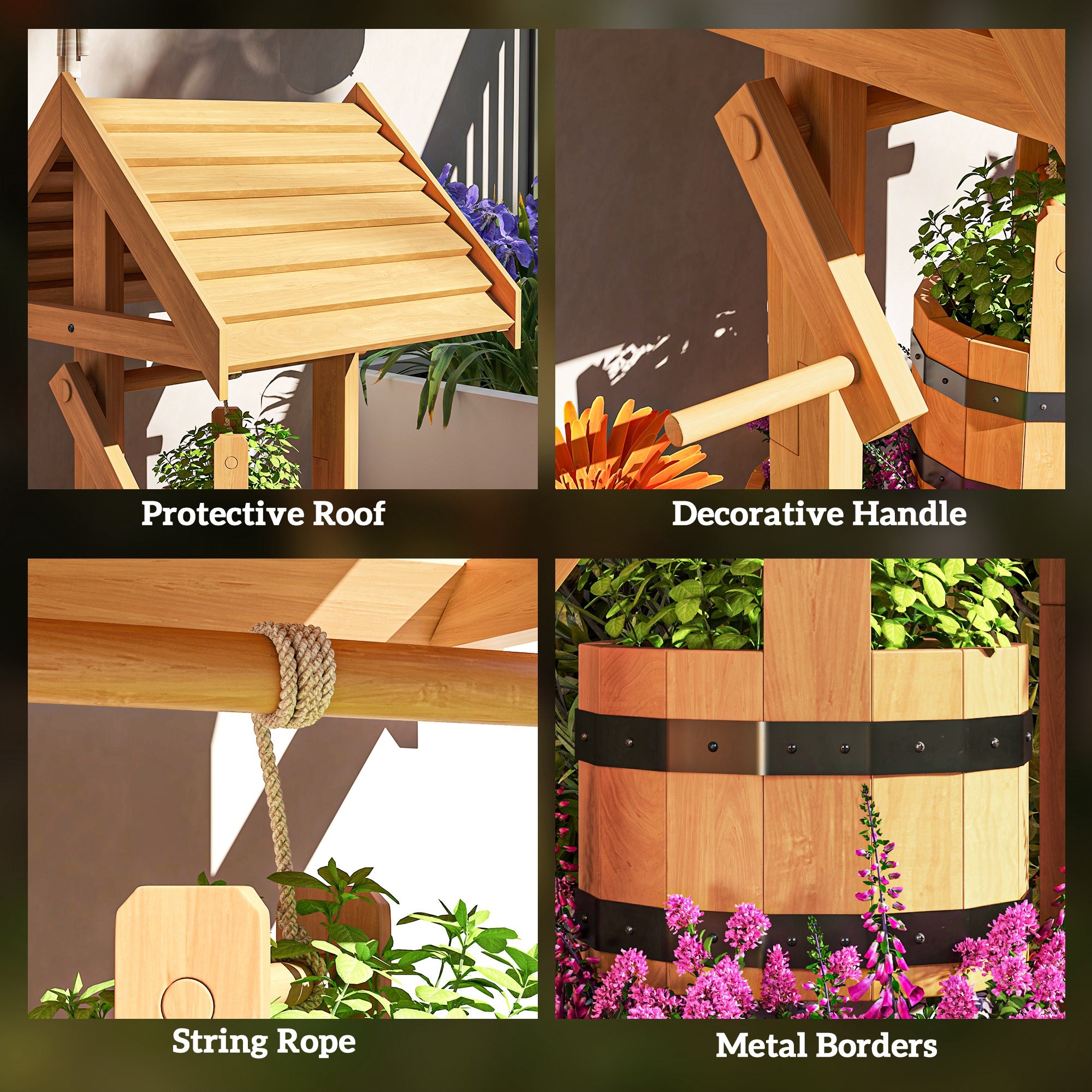 Wood Wishing Well Outdoor Wooden Planter with Hanging Bucket and Drainage Hole for Garden, Patio, Backyard, Orange Garden Decor at Gallery Canada