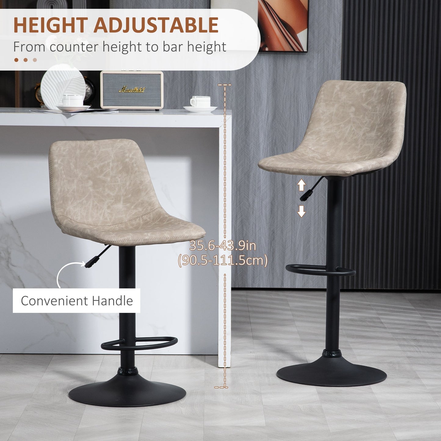 Adjustable Counter Height Bar Stools Set of 2, 360° Swivel Kitchen Counter Stools with Backs, Vintage Leather, Beige Bar Stools   at Gallery Canada